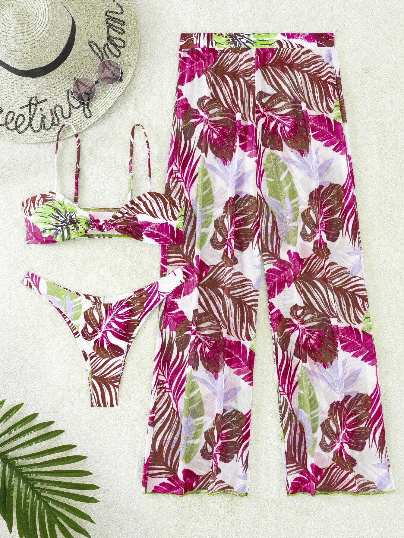 3pcs Tropical Print High Cut Bikini Swimsuit With Cover Up Multicolor 3