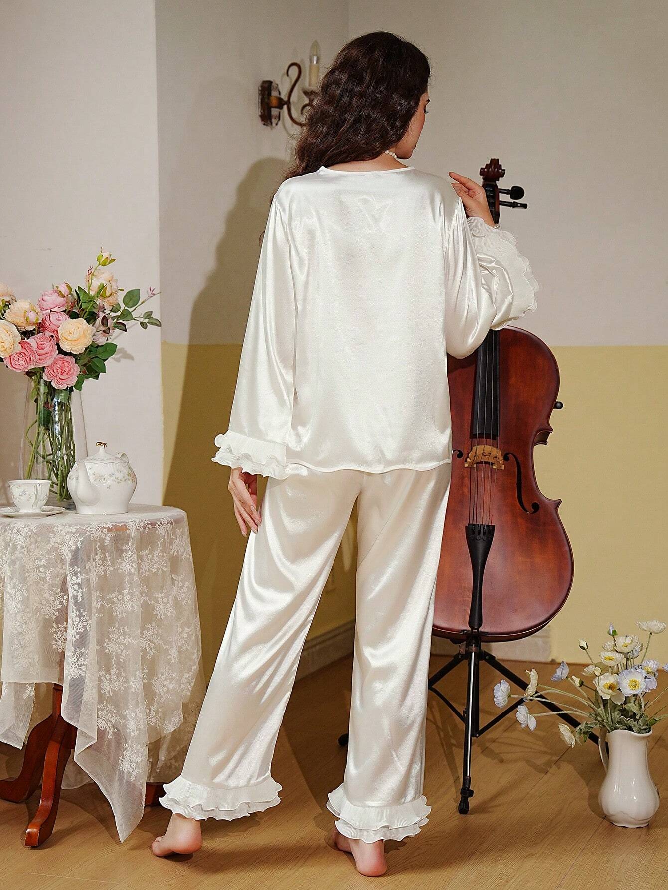 Women's Ruffle Trimmed Romantic Satin Pajama Set