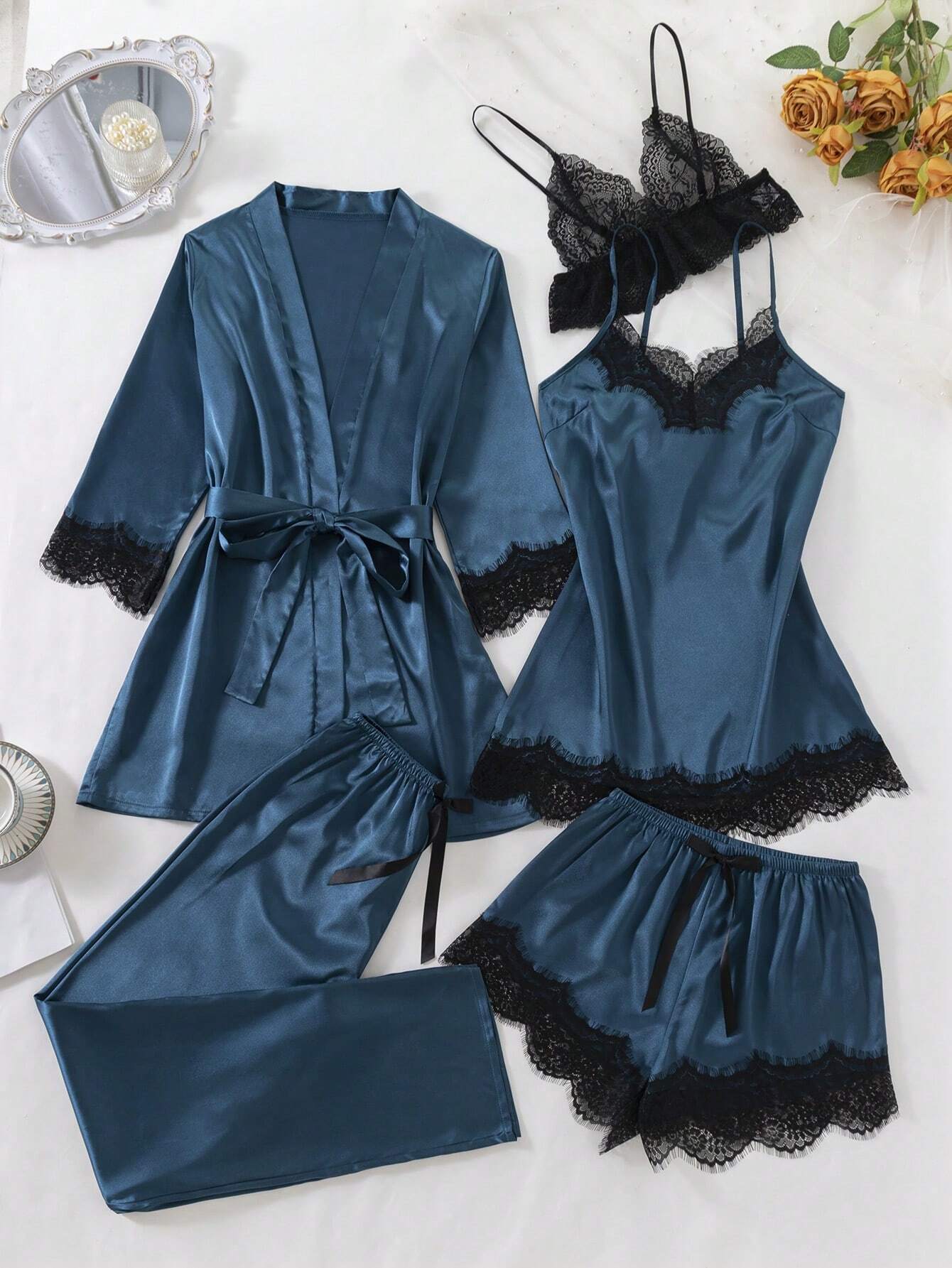 5pcs/Set Lace Splice Pajama Set Teal Blue 2