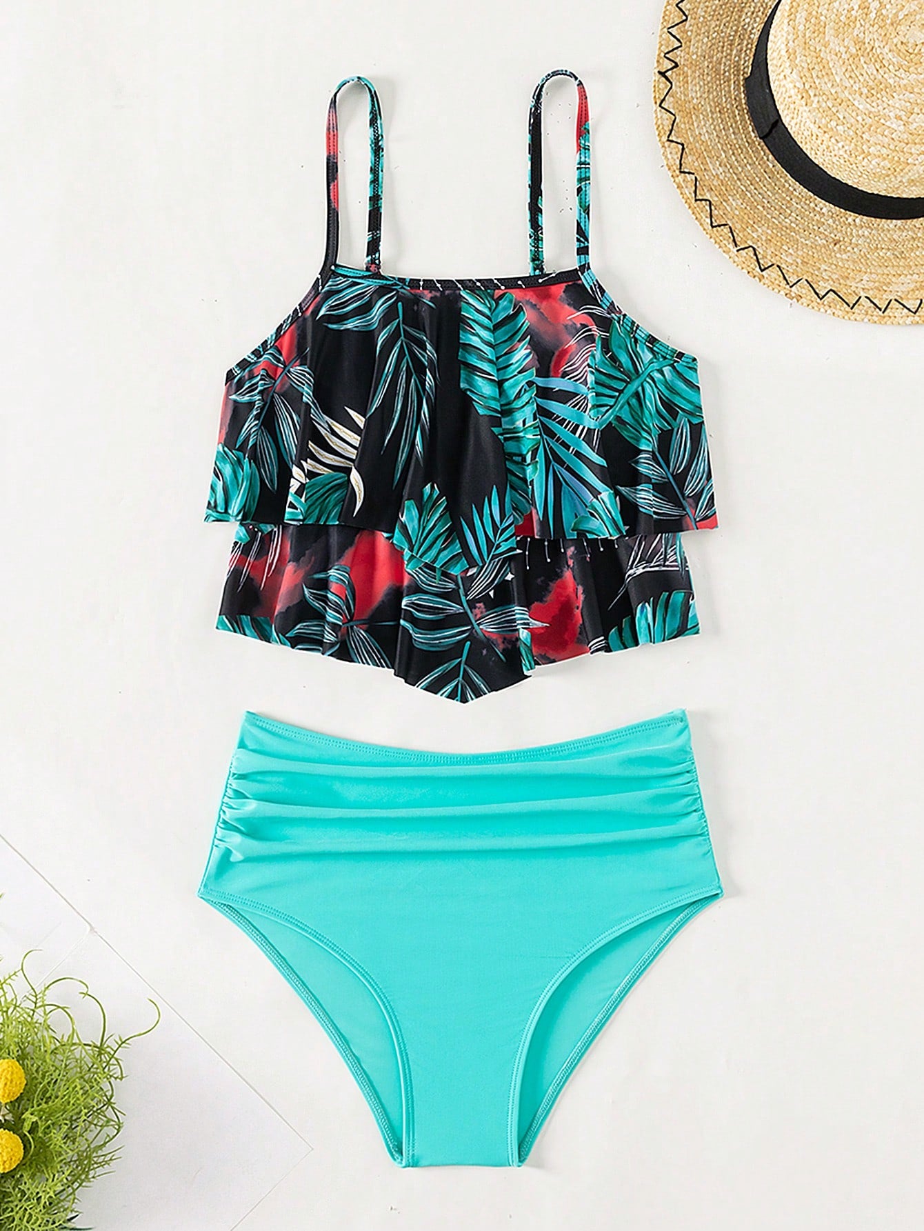 SHEIN Swim Vcay Ruffle Hem Ruched Bikini Swimsuit