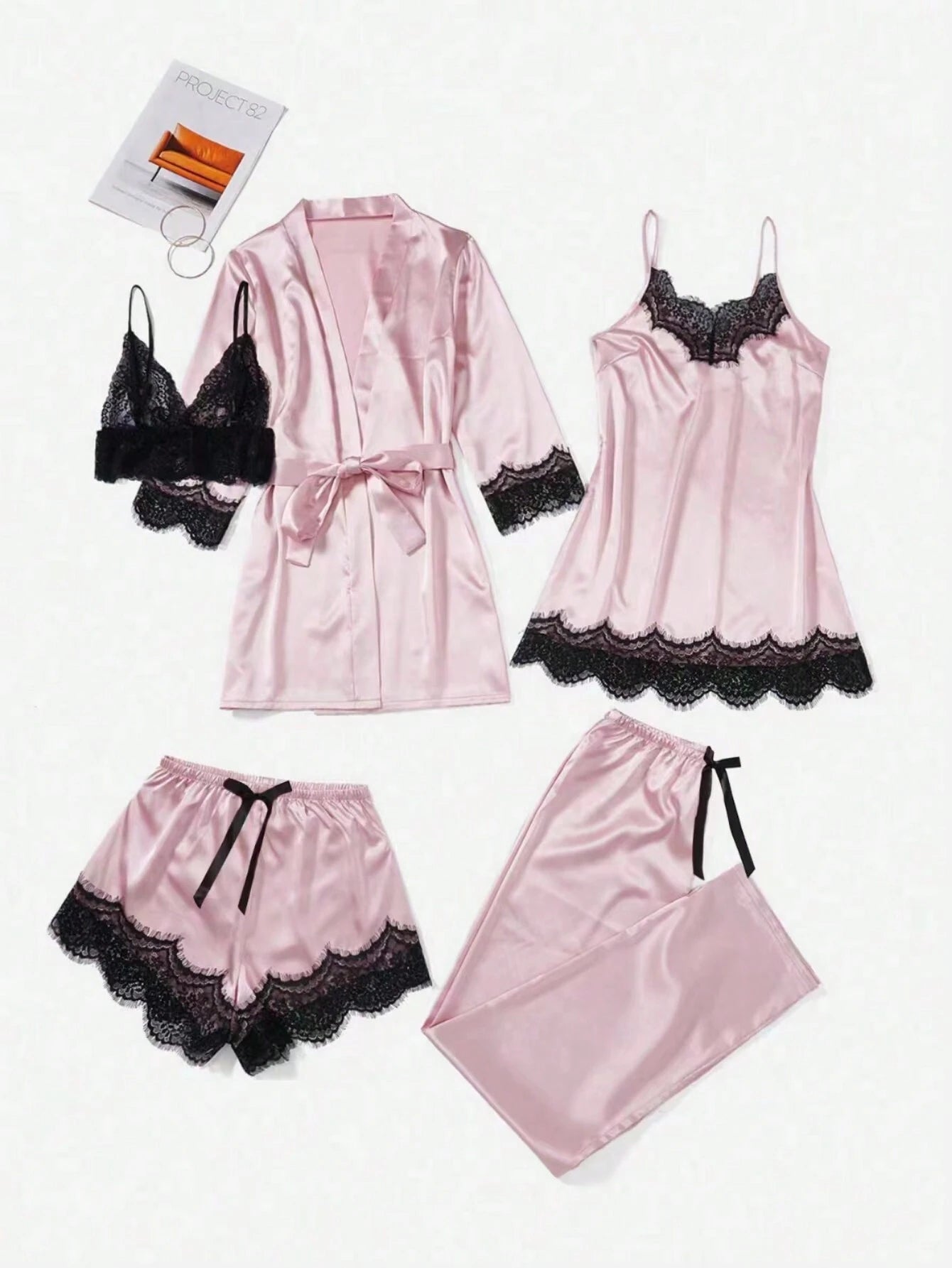 5pcs/Set Lace Splice Pajama Set Dusty Pink