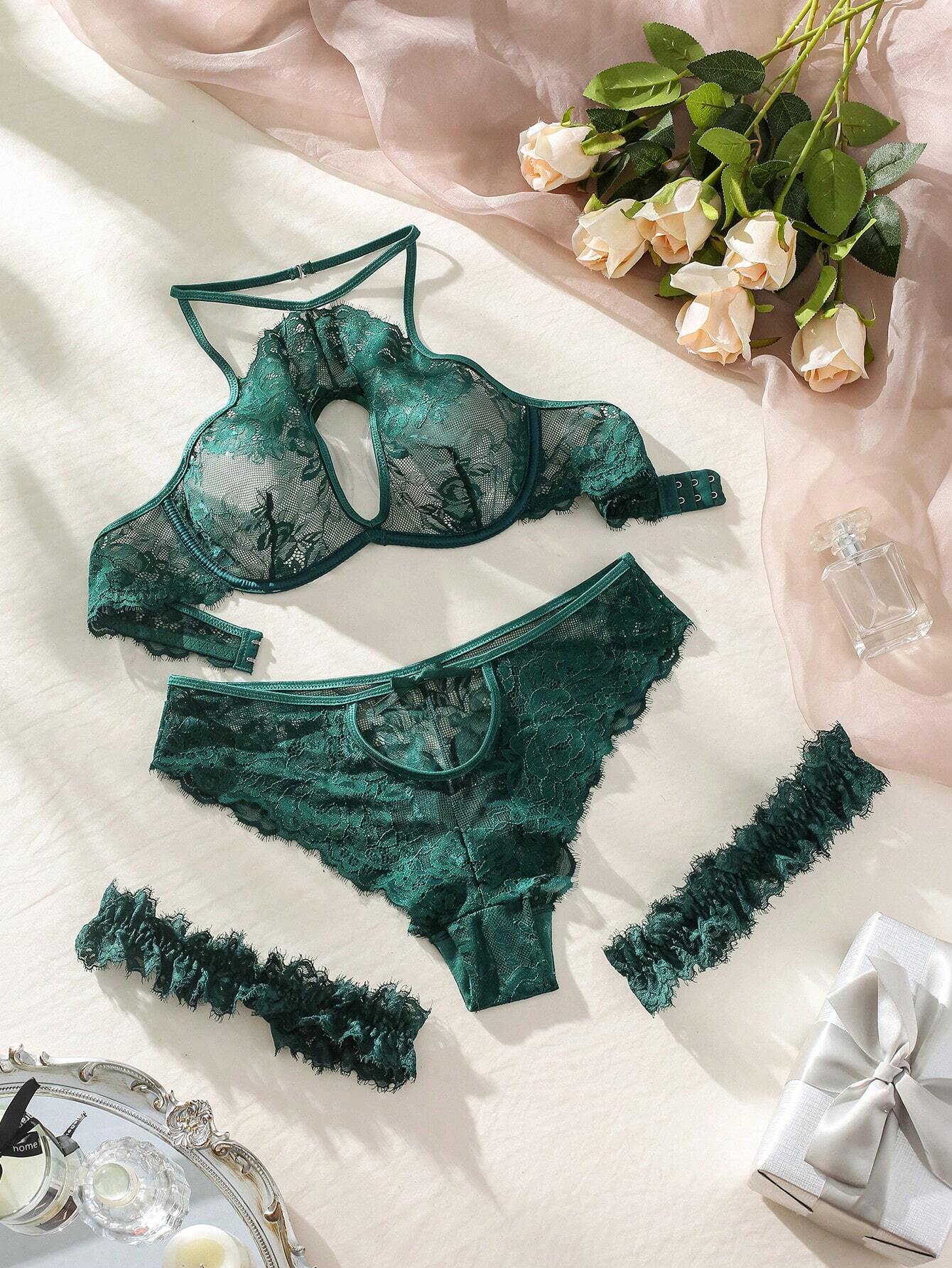 Classic Sexy Floral Lace Underwire Lingerie Set With 1pair Leg Ring