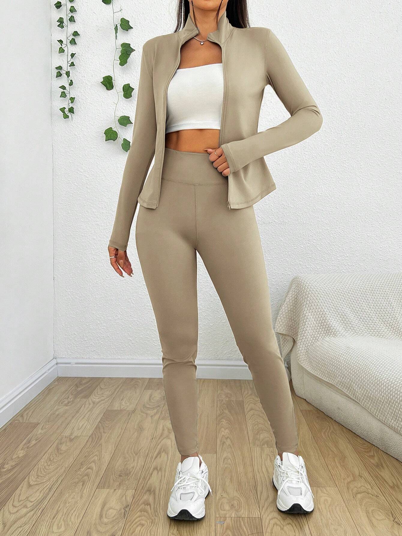 EZwear Black Two Piece Set Sportswear Zip Up Jacket &amp; Leggings