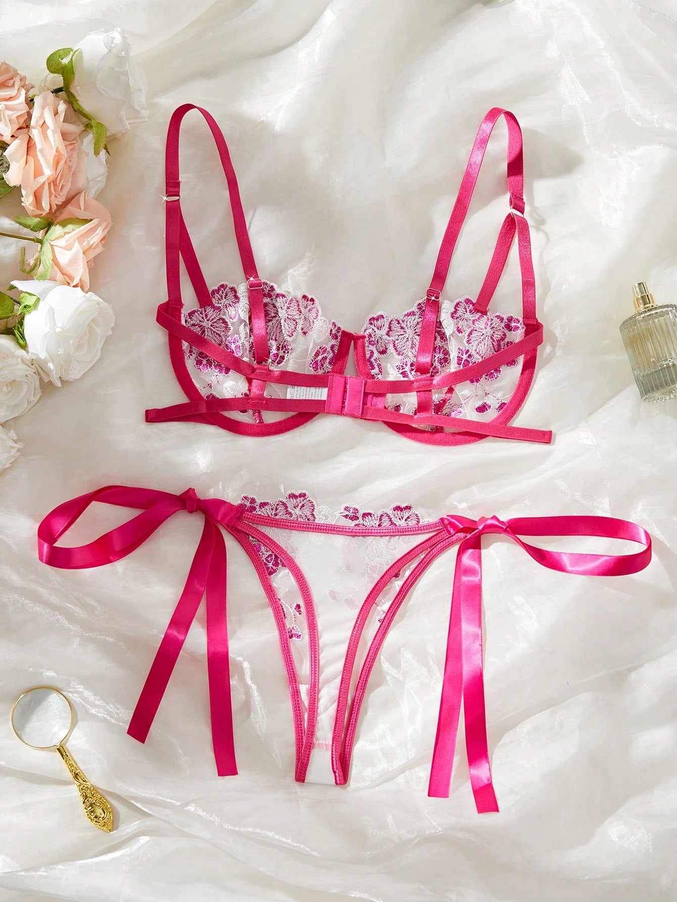 2pcs Women Sky Blue Embroidery Tie Up Lingerie Set