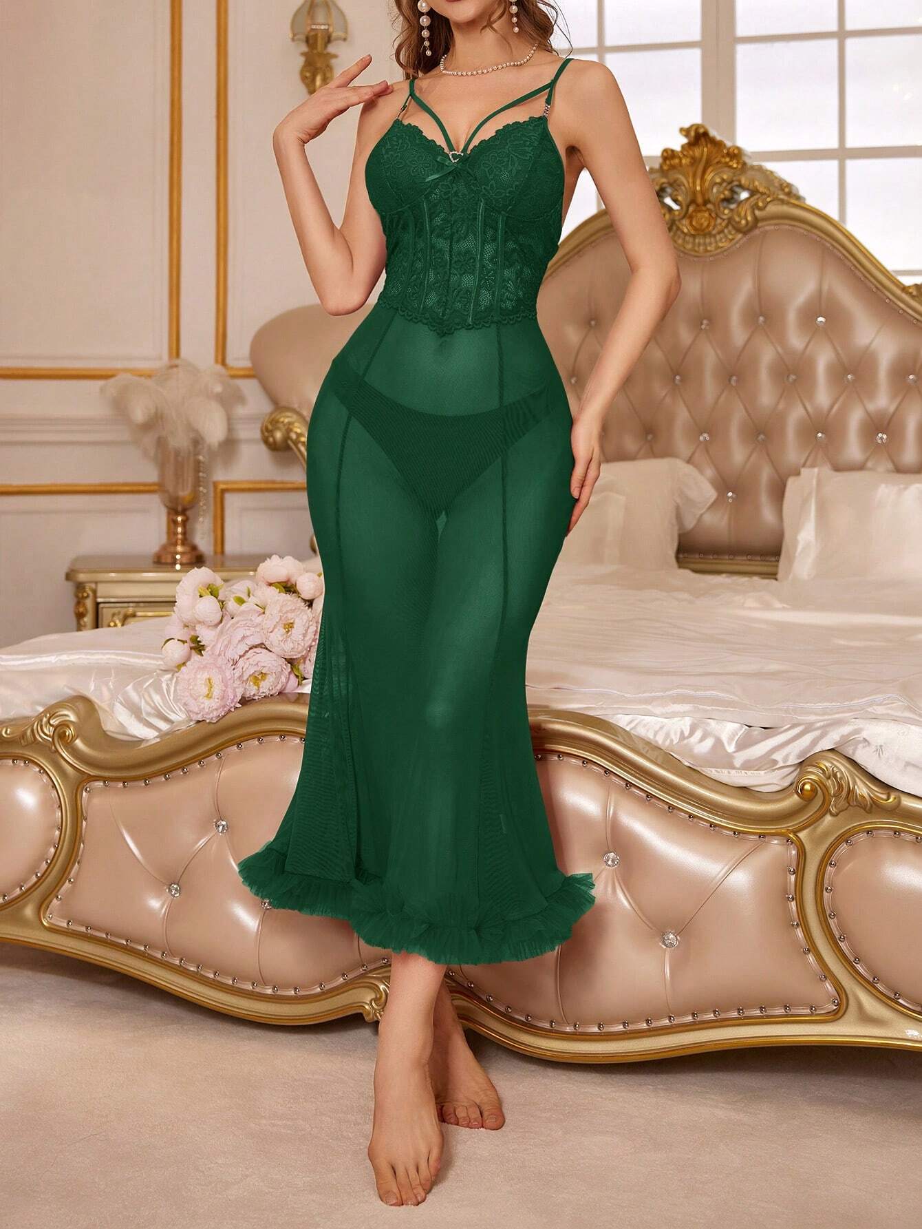 Women's Lace Patchwork Sheer Mesh Halter Mermaid Long Pajama Night Dress