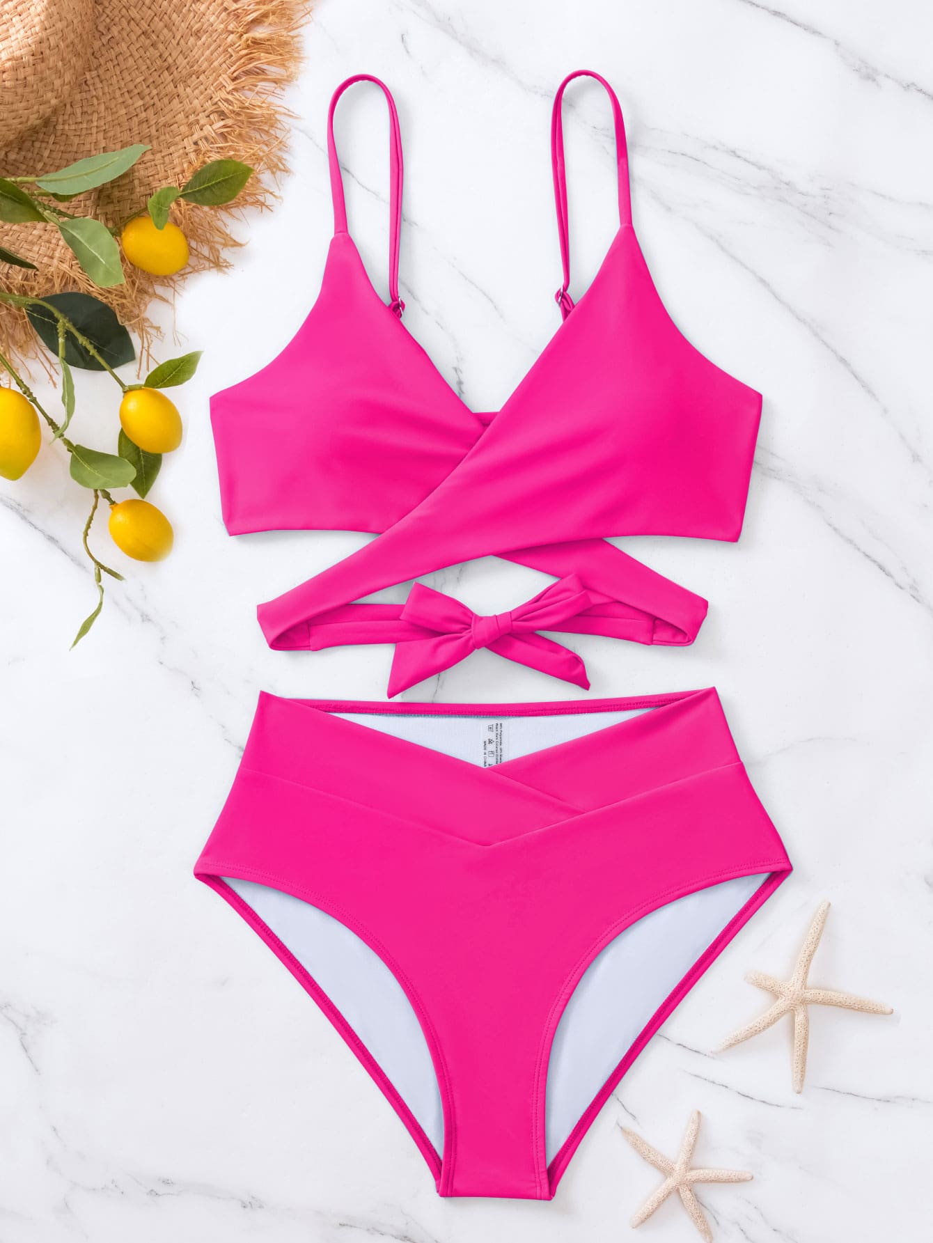 SHEIN Swim Basics Solid Bikini Set Crisscross Tie Back Bra &amp; Overlap High Waisted Bottom 2 Piece Bathing Suit