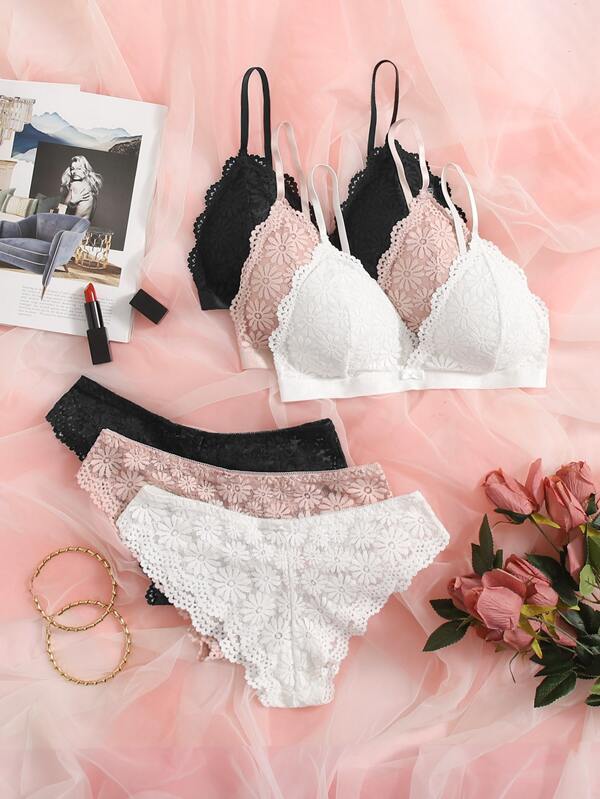 3sets Floral Lace Scallop Trim Lingerie Set