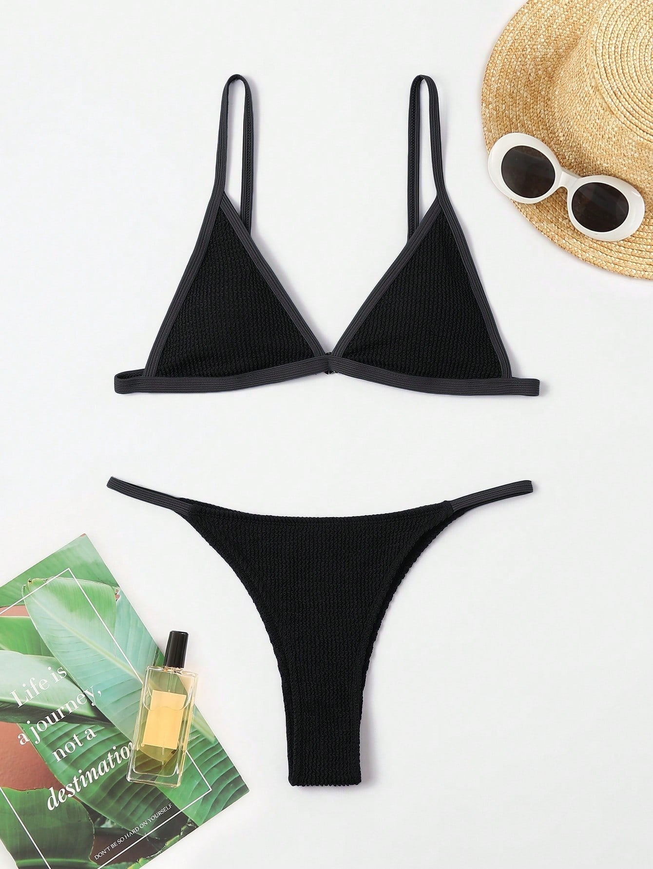 Contrast Binding Triangle Thong Bikini Swimsuit XS Black