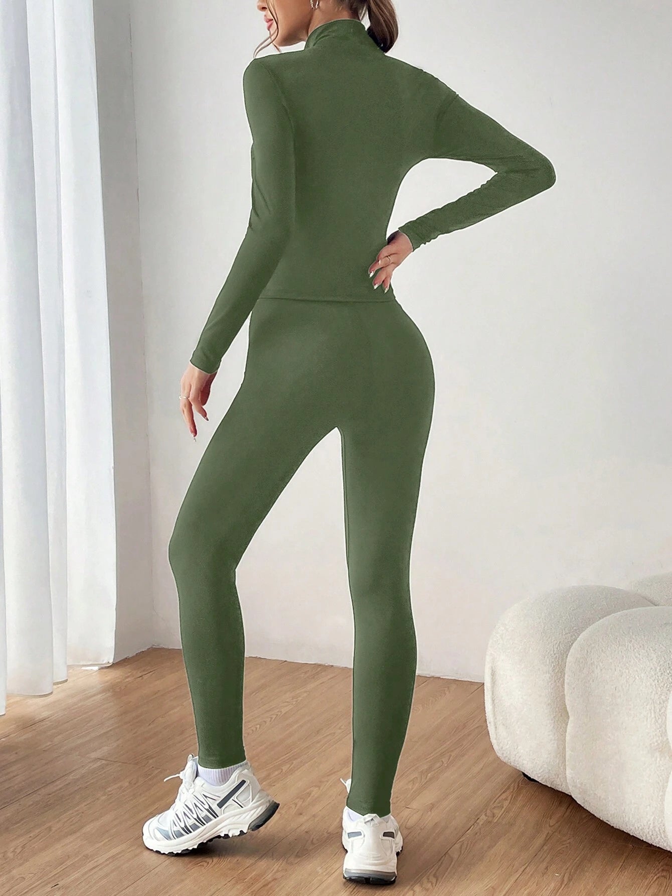 EZwear Ladies' Zipper Half Placket Long Sleeve T-Shirt And Leggings Set