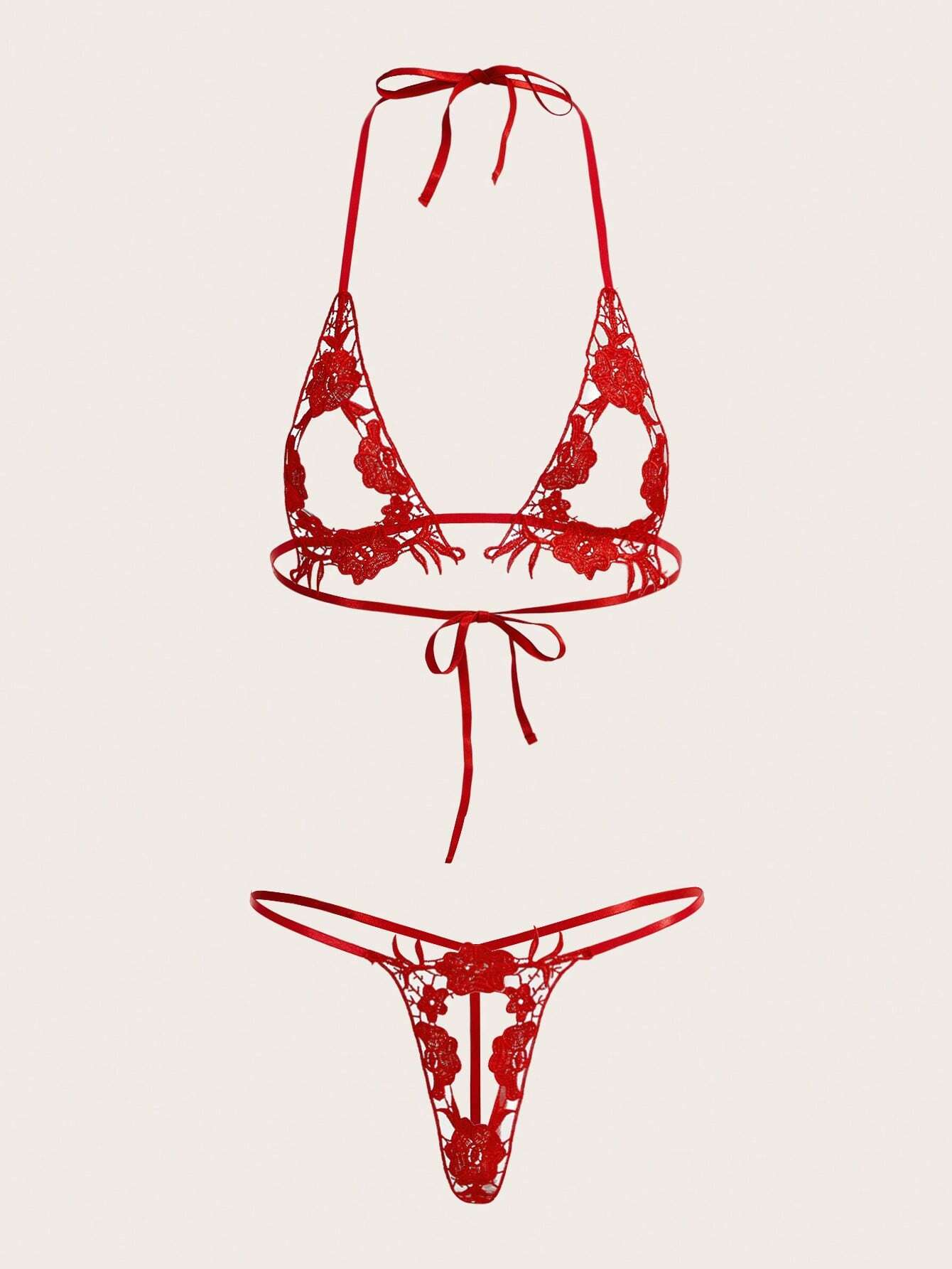 Floral Embroidery Halter Lingerie Set