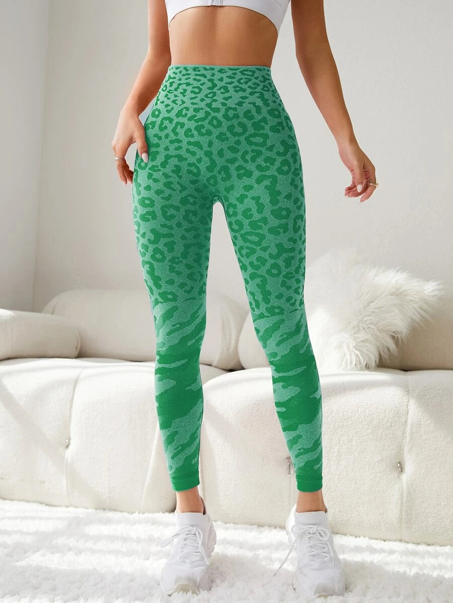 Leopard Print Gym Leggings Seamless High Stretch Tummy Control Yoga Tights Green