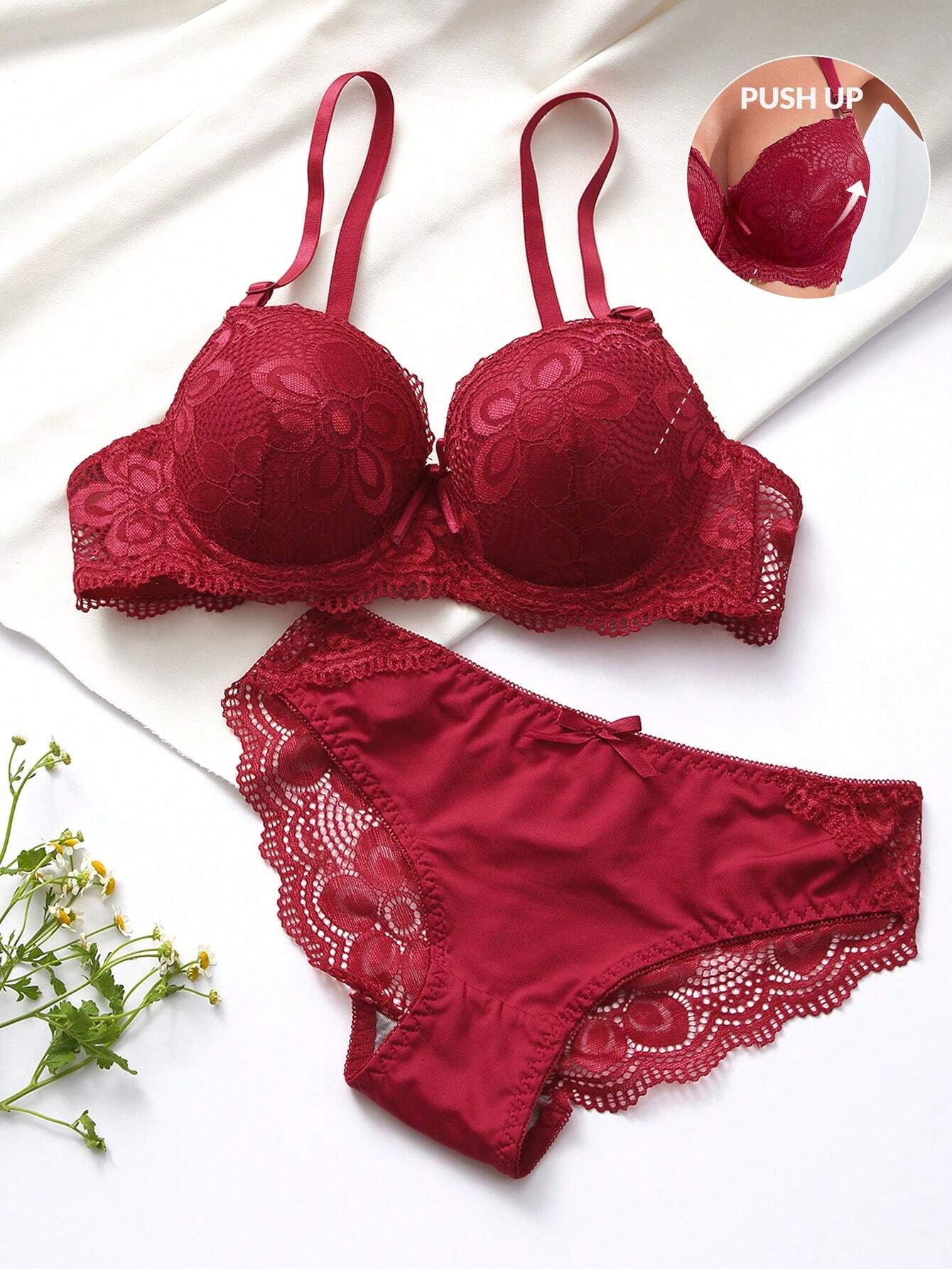 2pcs Women Lingerie Set (With Underwire, Triangle Panty) Burgundy