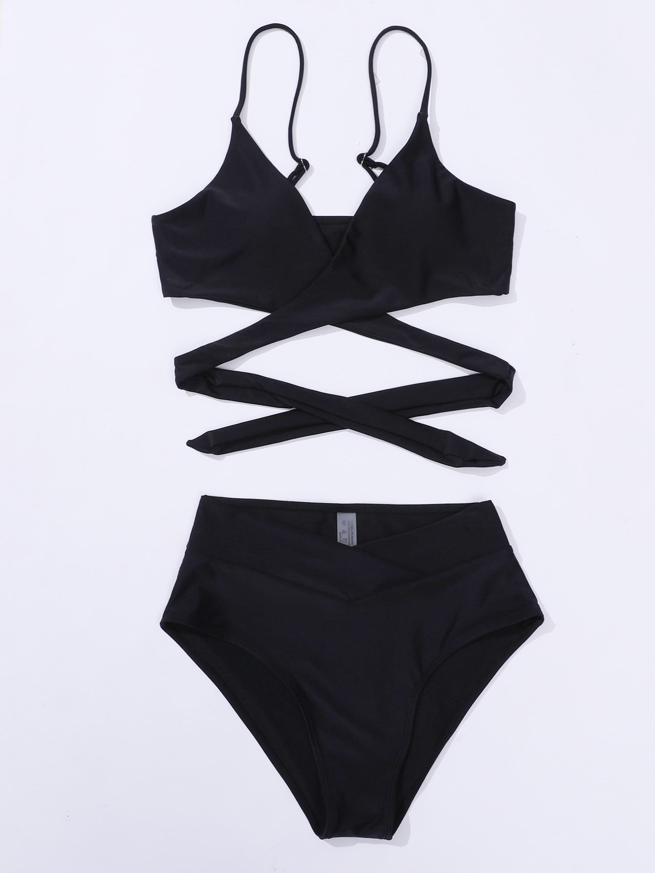 SHEIN Swim Basics Solid Bikini Set Crisscross Tie Back Bra &amp; Overlap High Waisted Bottom 2 Piece Bathing Suit