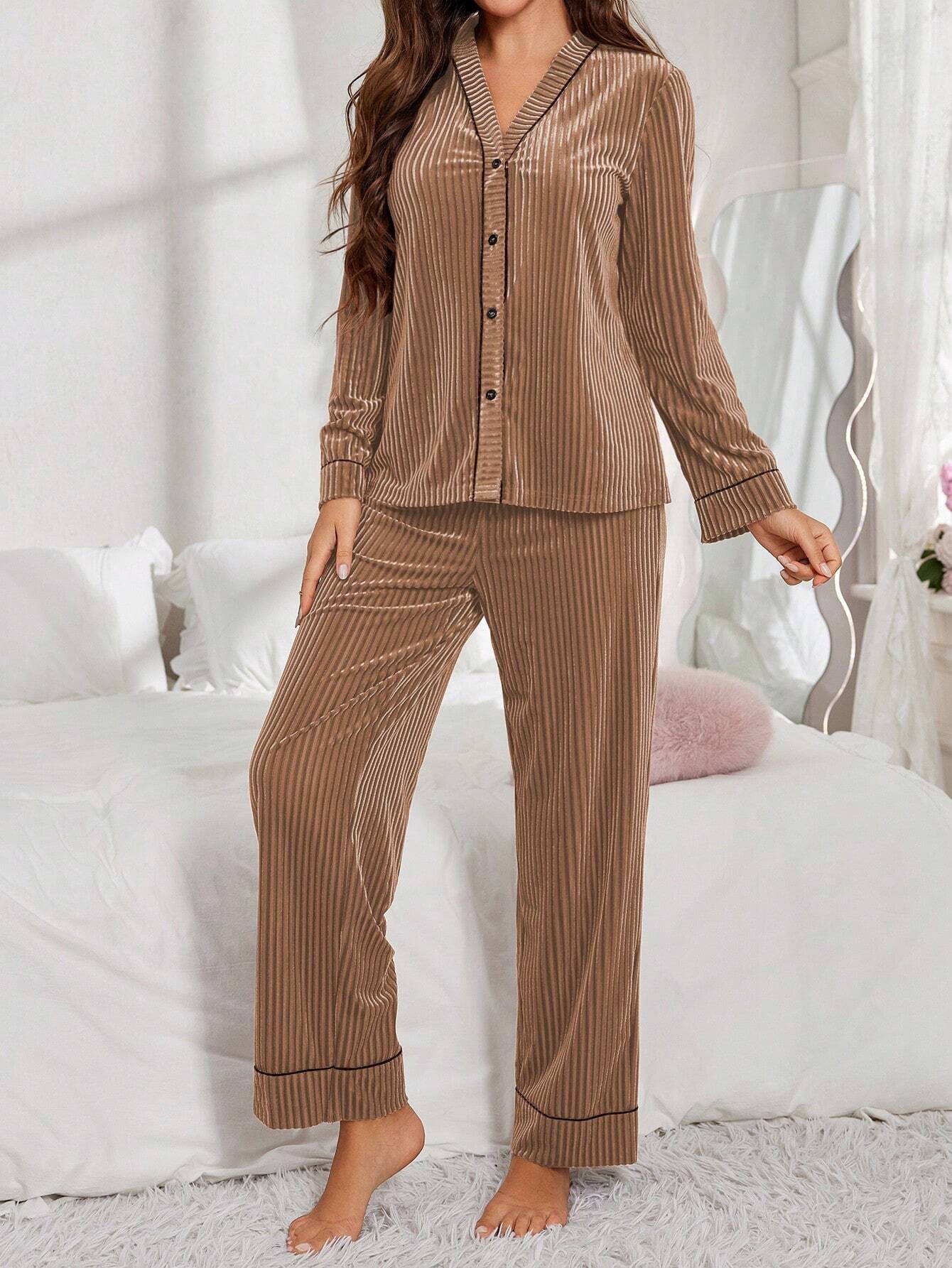 Women Velvet Button-Up Long Sleeve Pajama Set