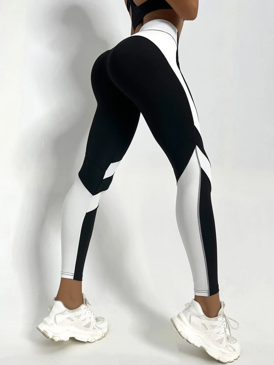 Two Tone Yoga Leggings Tummy Control Sports Tights Black & White