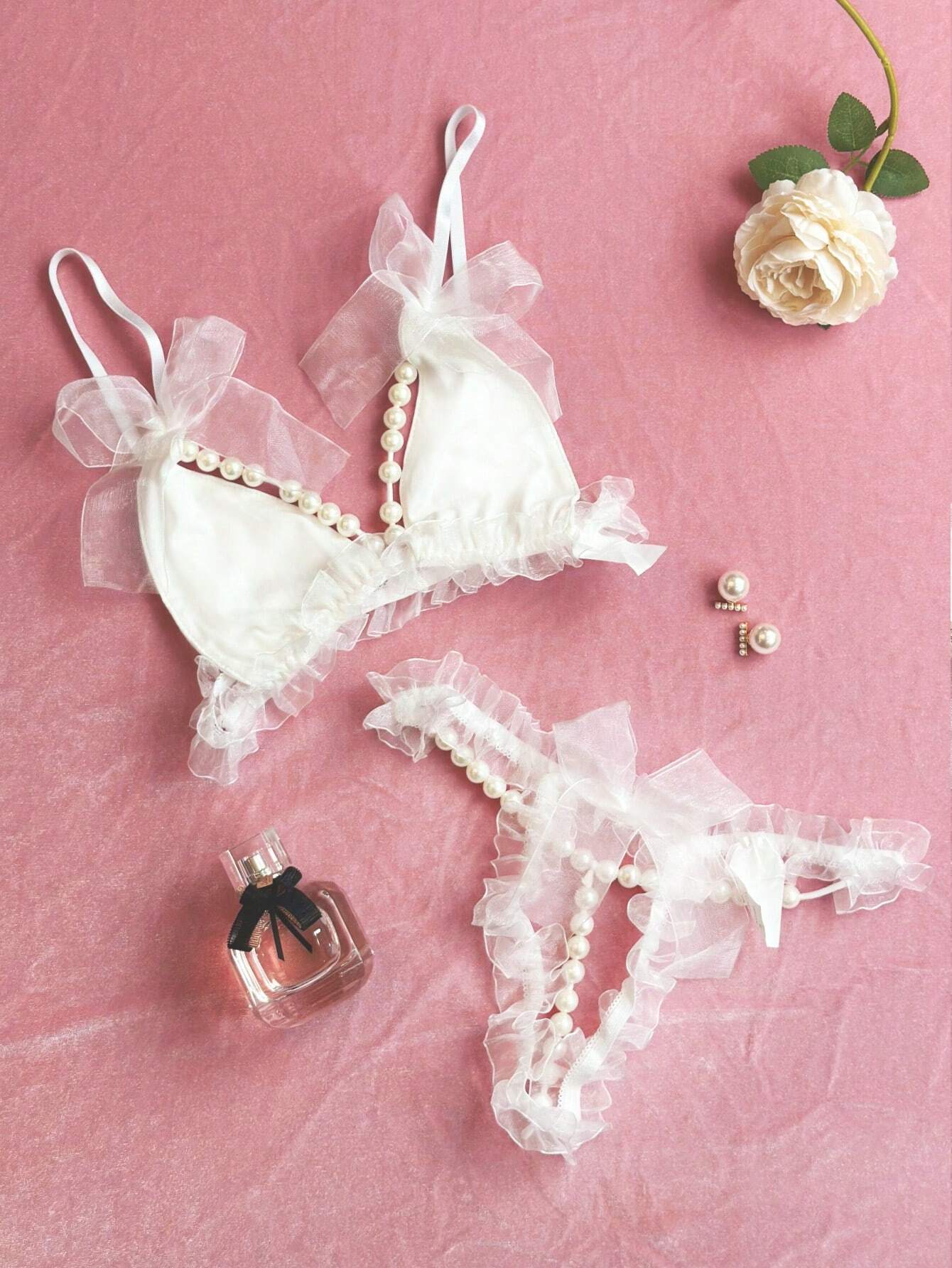 Faux Pearl Decor Lingerie Set