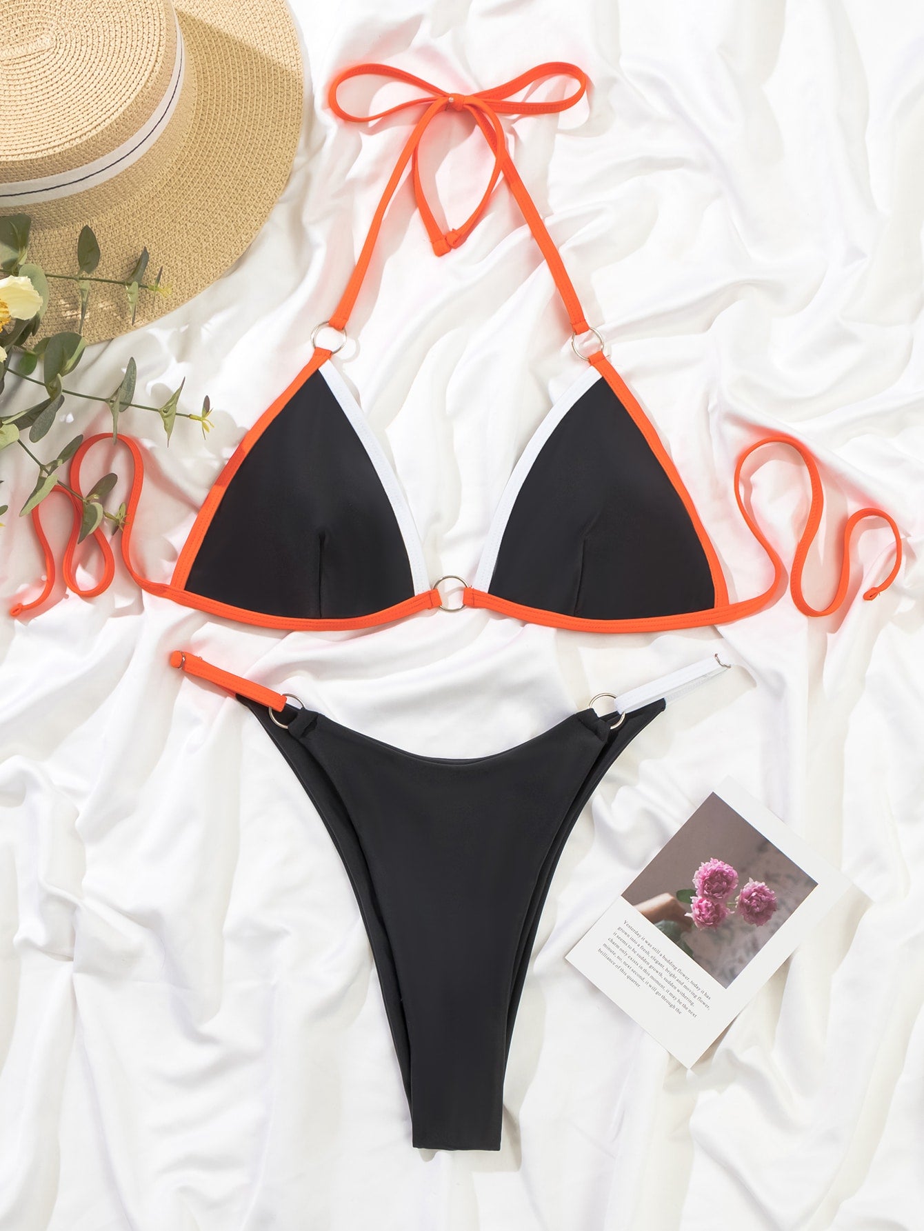 SHEIN Swim Vcay Contrast Binding Ring Linked Triangle Bikini Swimsuit