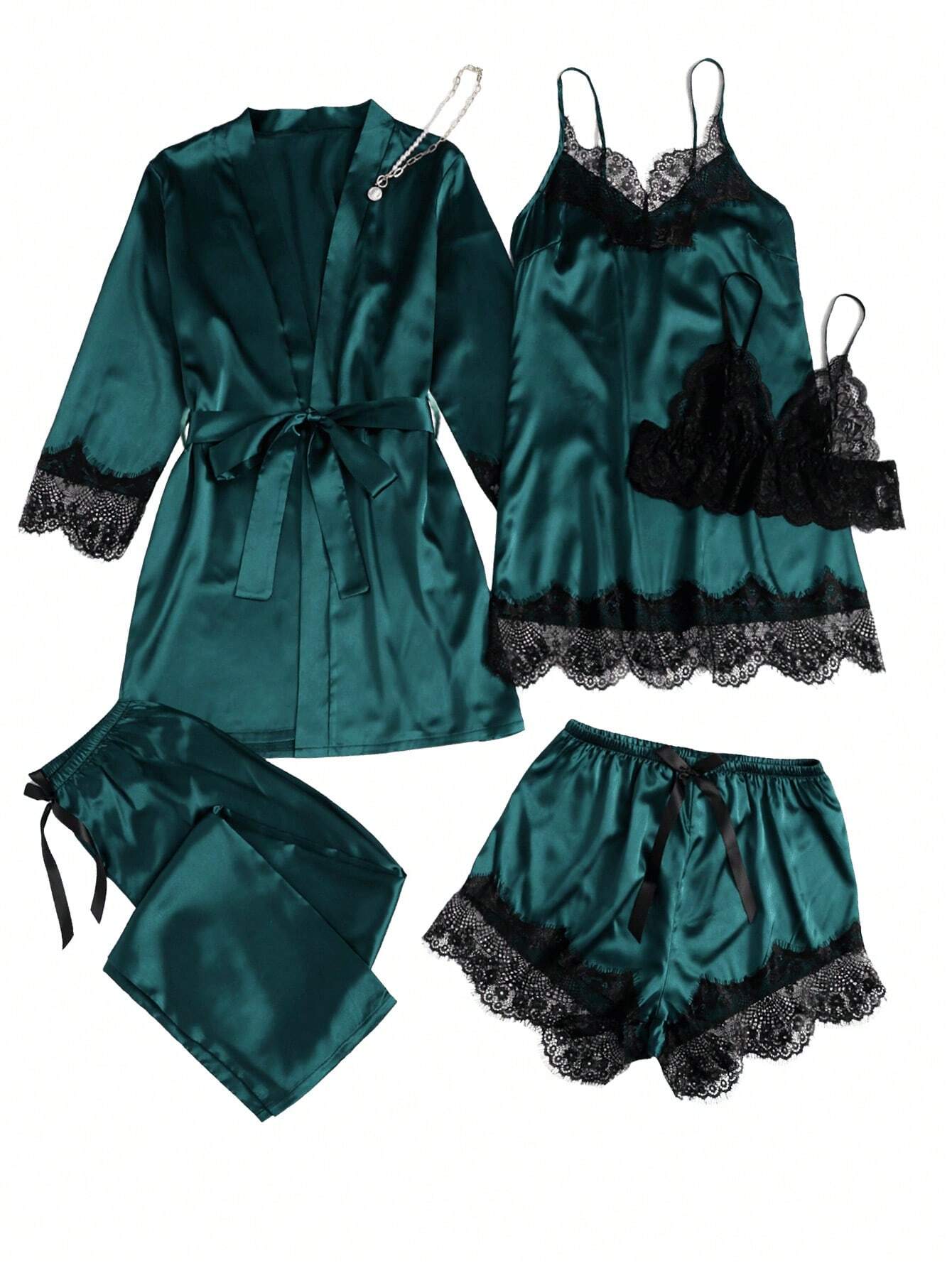 5pcs/Set Lace Splice Pajama Set Teal Blue
