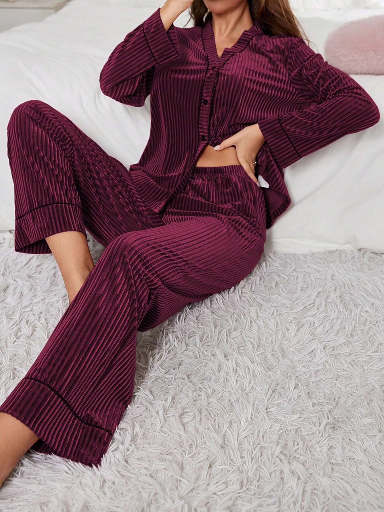 Women Velvet Button-Up Long Sleeve Pajama Set