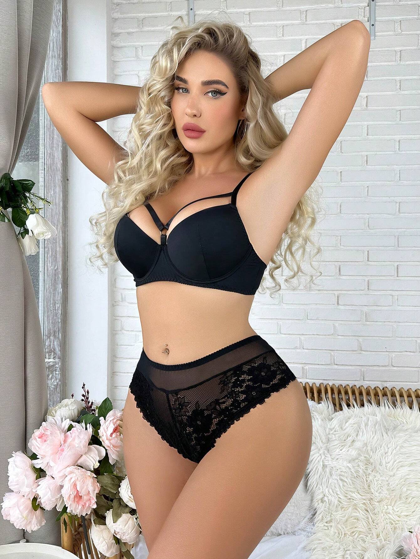 Floral Lace Harness Underwire Lingerie Set, Bra &amp; Panty Set