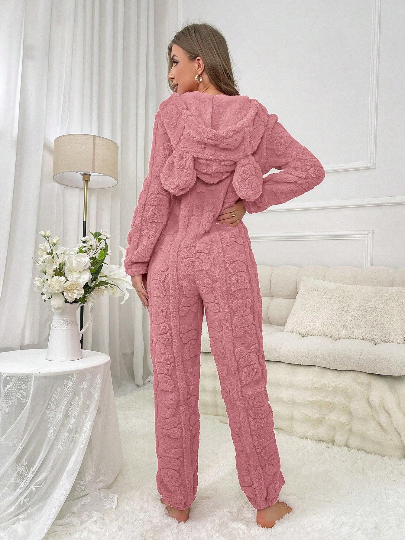 Women's Animal Ear Design Plush Pajama Jumpsuits