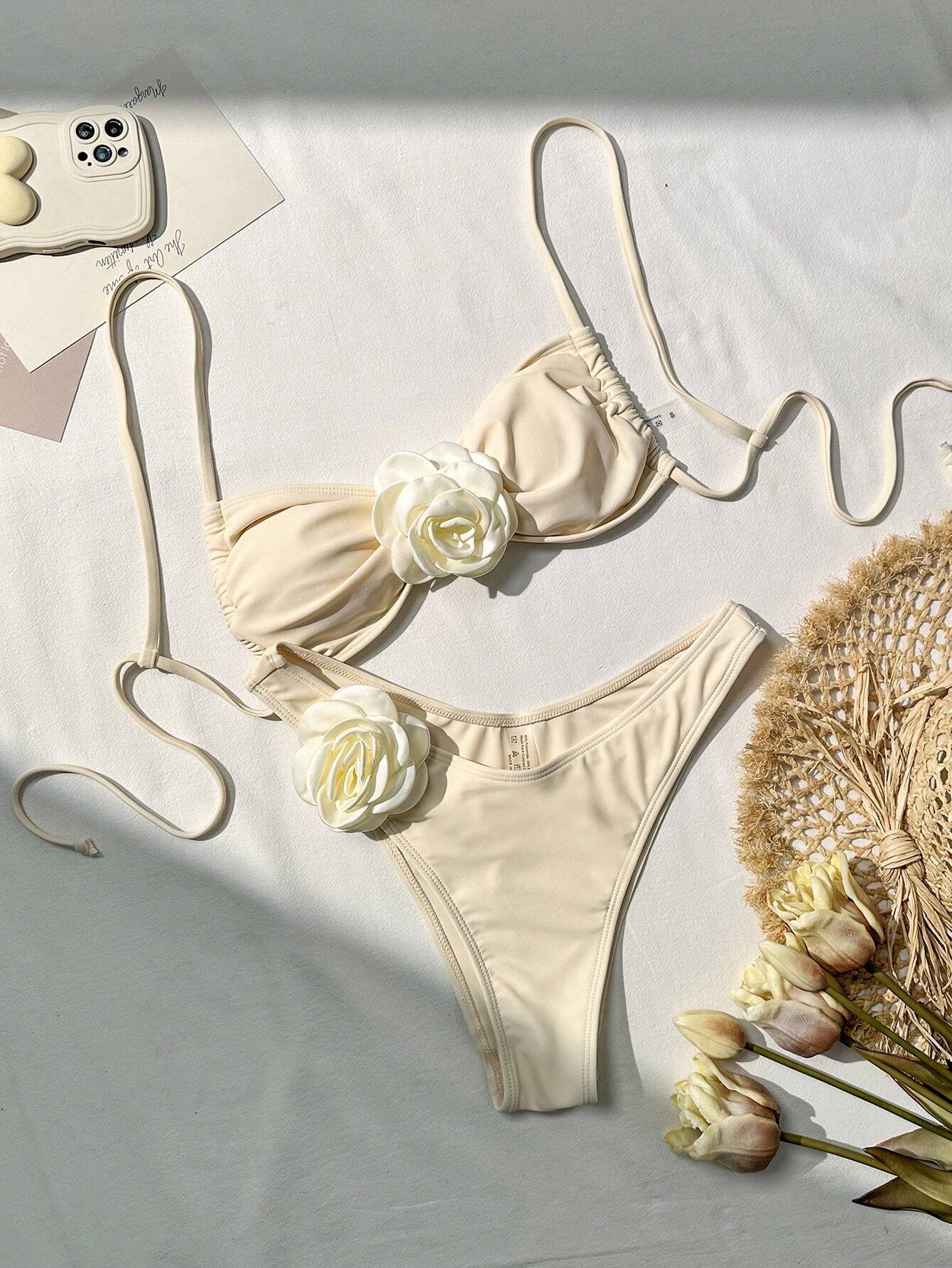 Women's Floral Decor 3d Flower Swimsuit Set Apricot