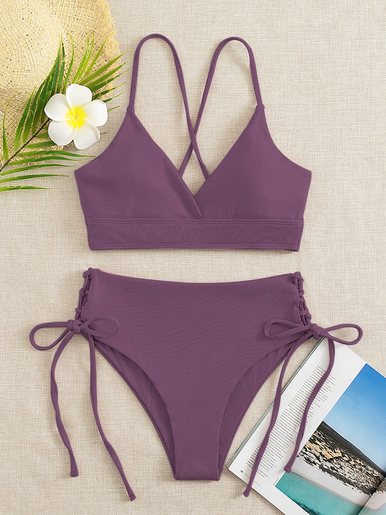 SHEIN Swim Basics Plain Tie Side Bikini Swimsuit XS Mauve Purple