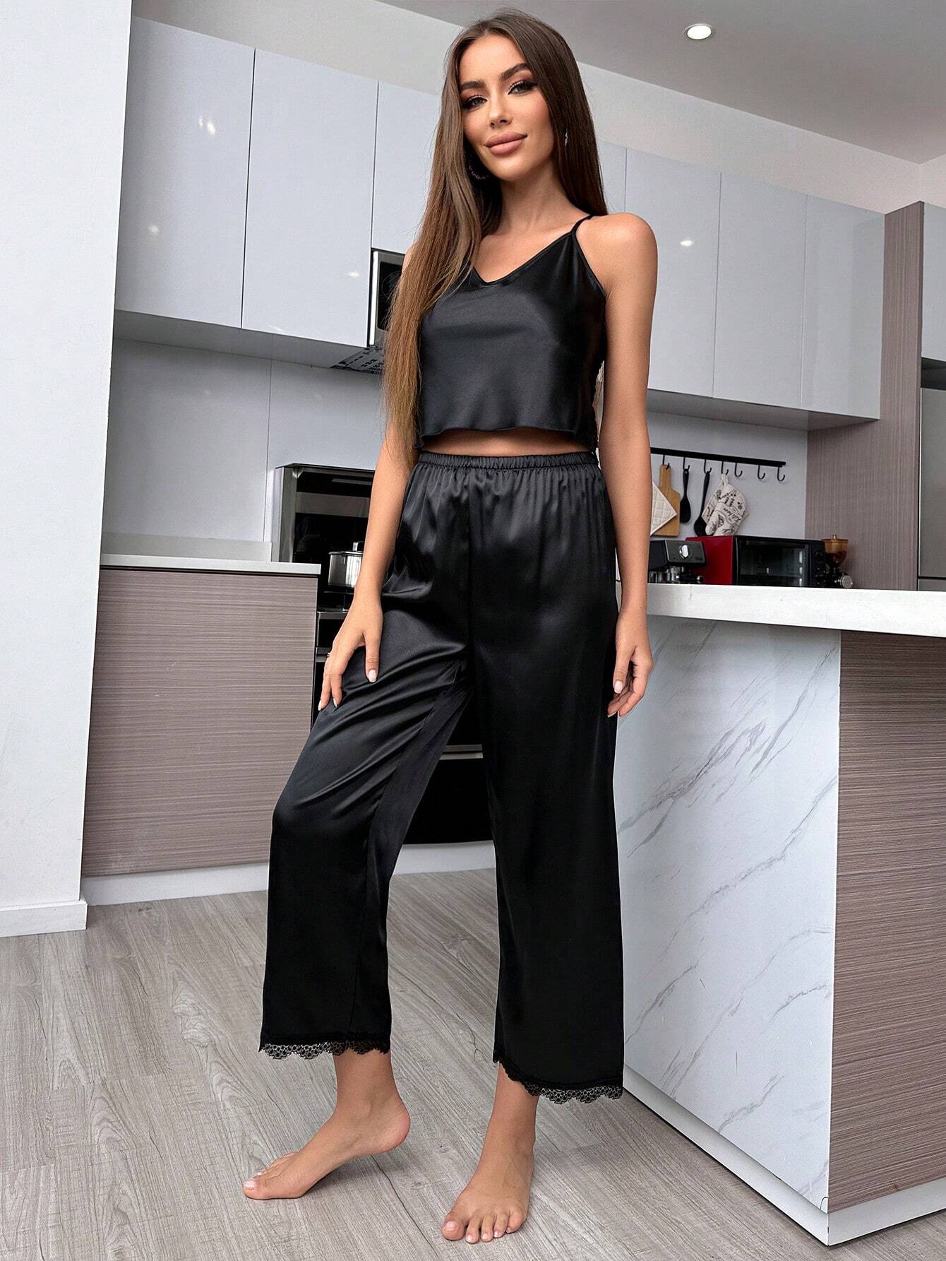 Women's Spaghetti Strap Lace Patchwork Sleeveless Top And Long Pants Two-Piece Pajama Set