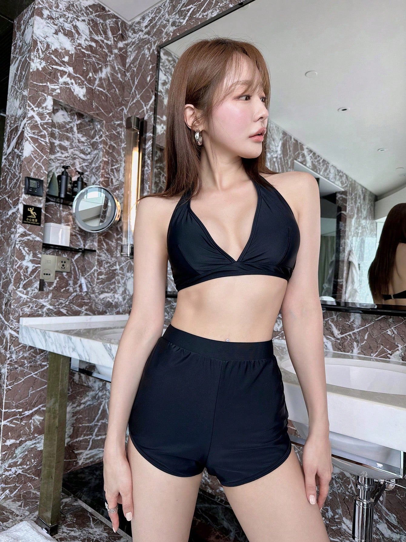 Solid Bikini Set Halter Bra &amp; Bikini Bottom &amp; Dolphin Shorts 3 Piece Bathing Suit