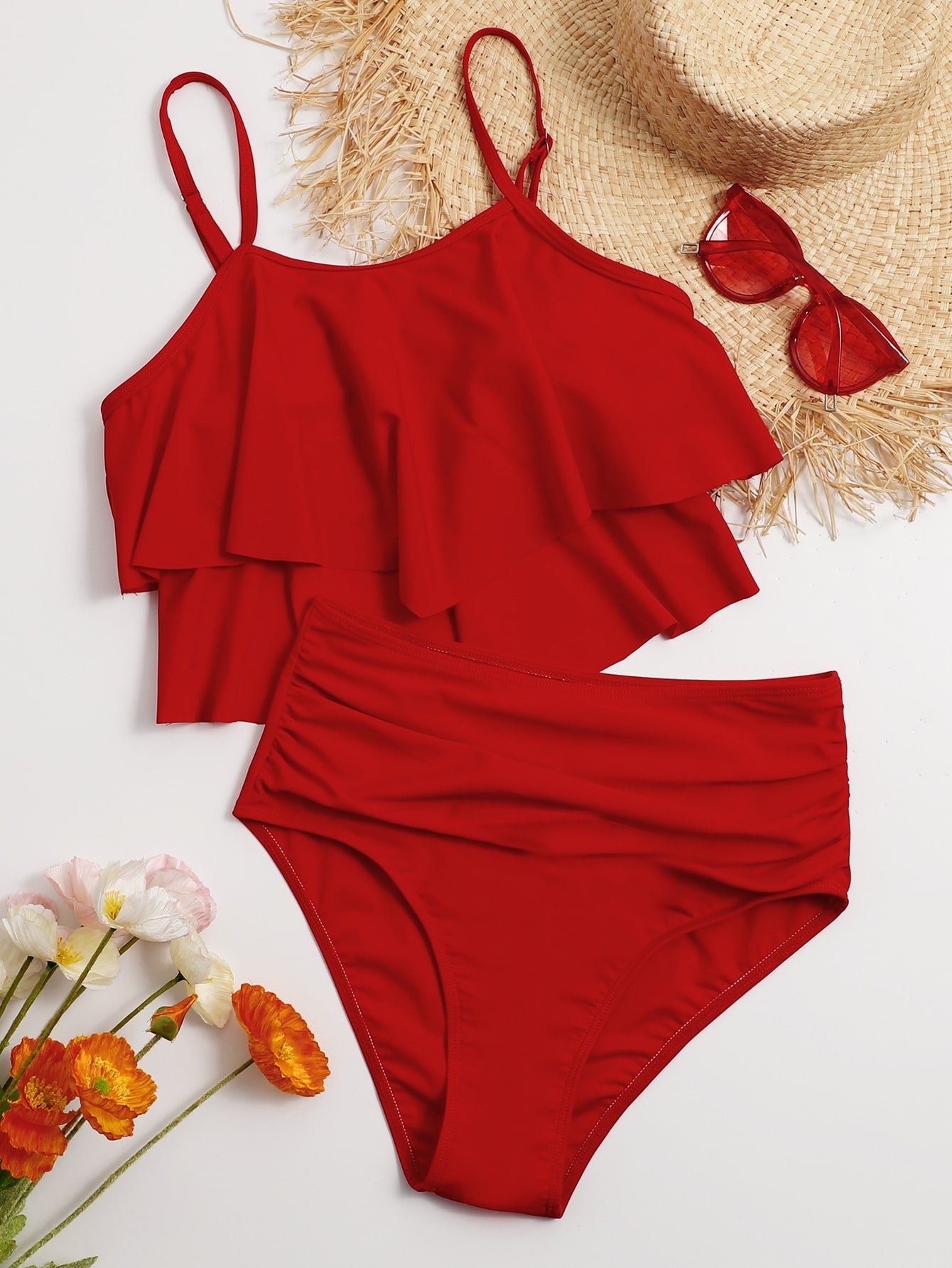 SHEIN Swim Vcay Ruffle Hem Ruched Bikini Swimsuit