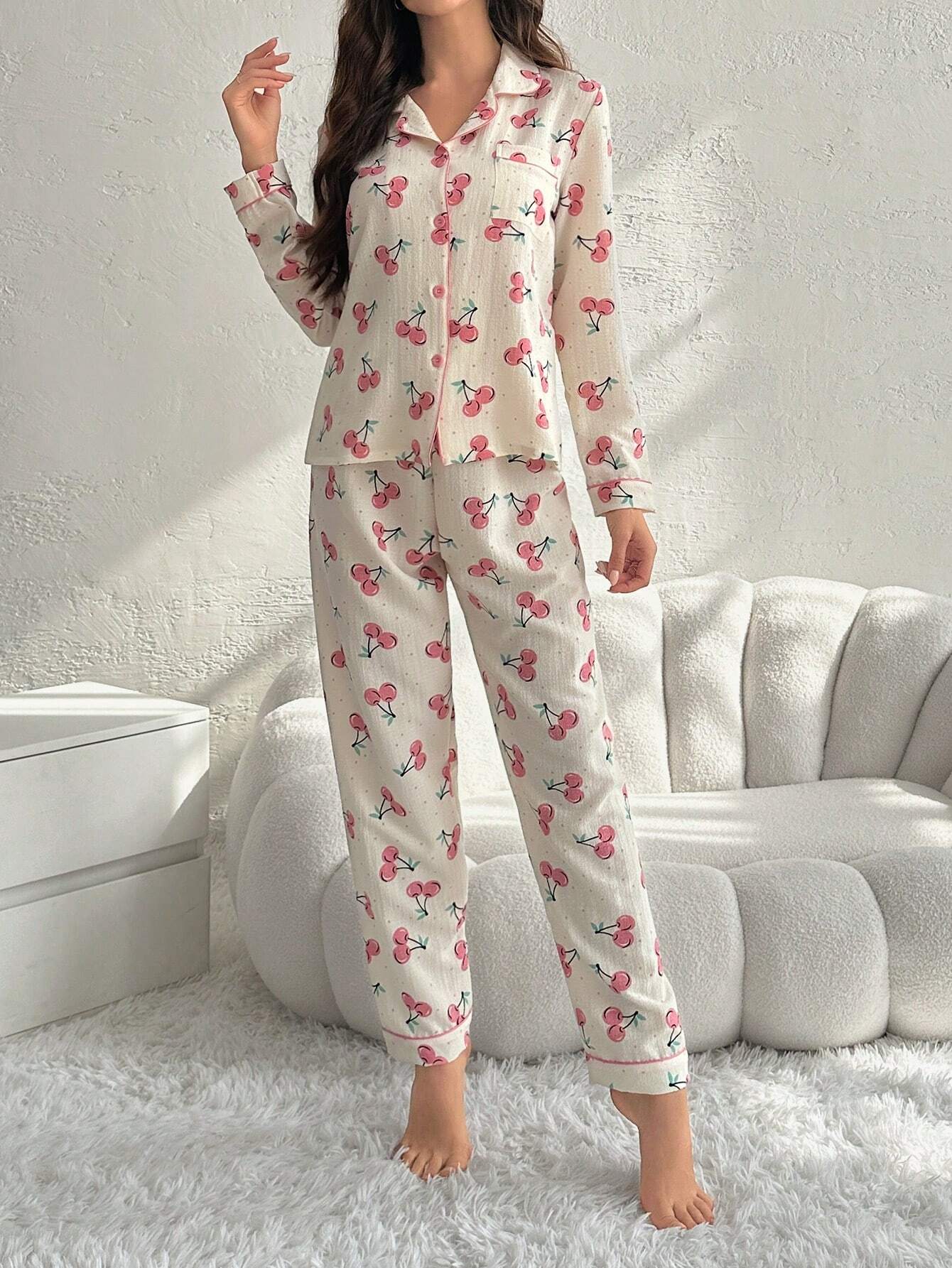 Women's Cherry Print Long Sleeve Long Pants Pajama Set
