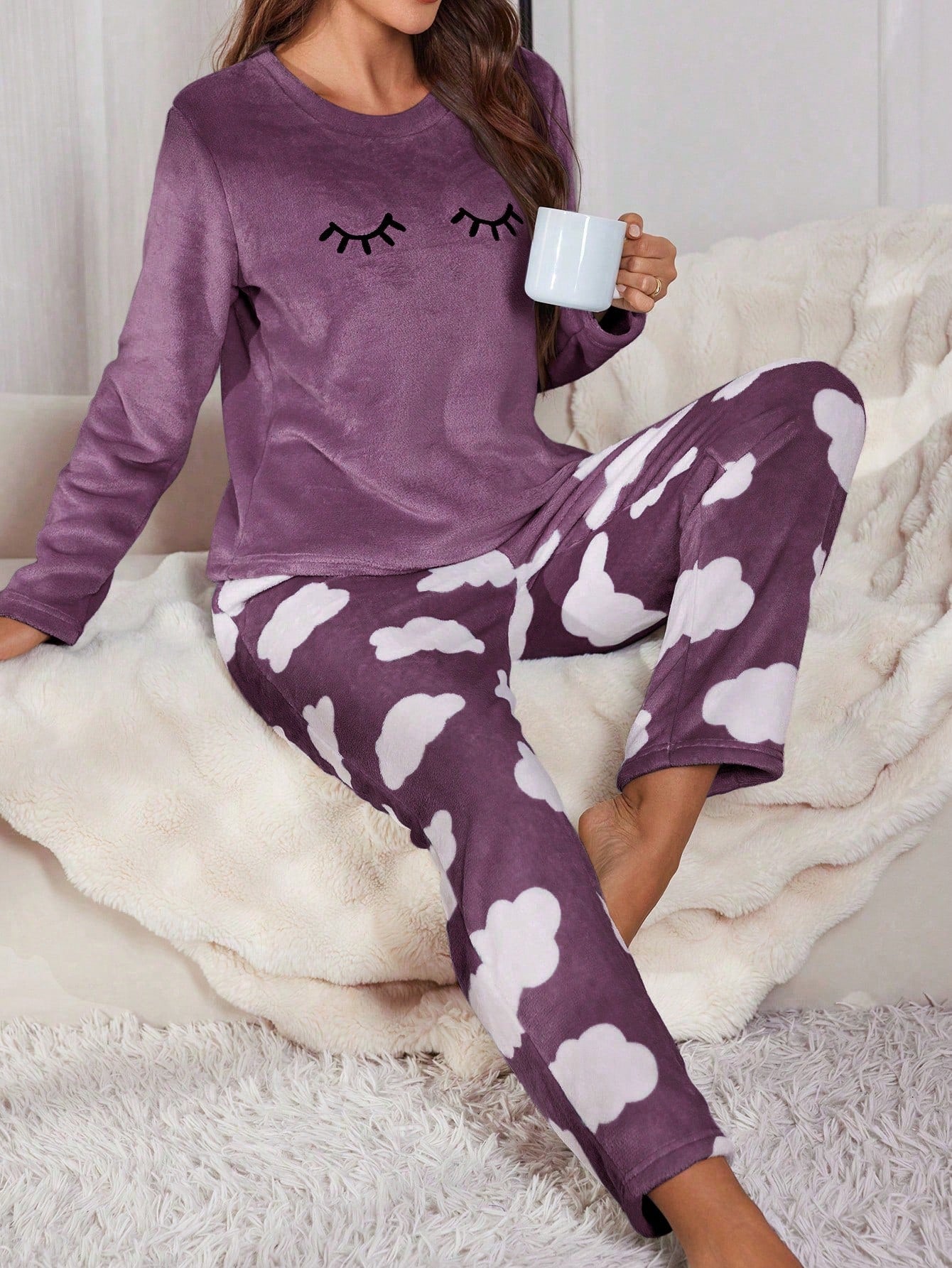 Eyelash Embroidery Flannel Long Sleeve Pajama Set purple