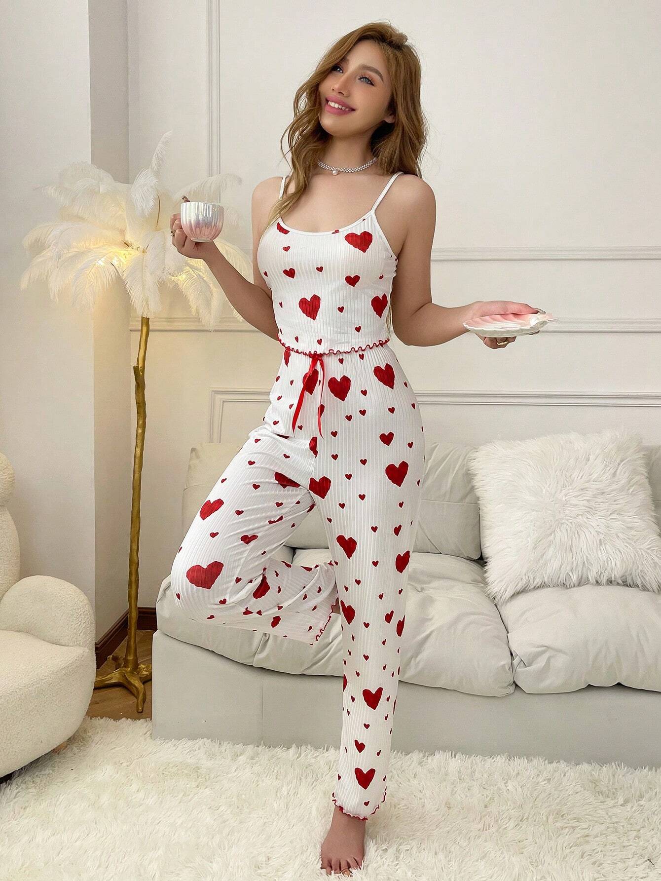 Women Heart Print Cami Tank Top And Long Pants Pajama Set
