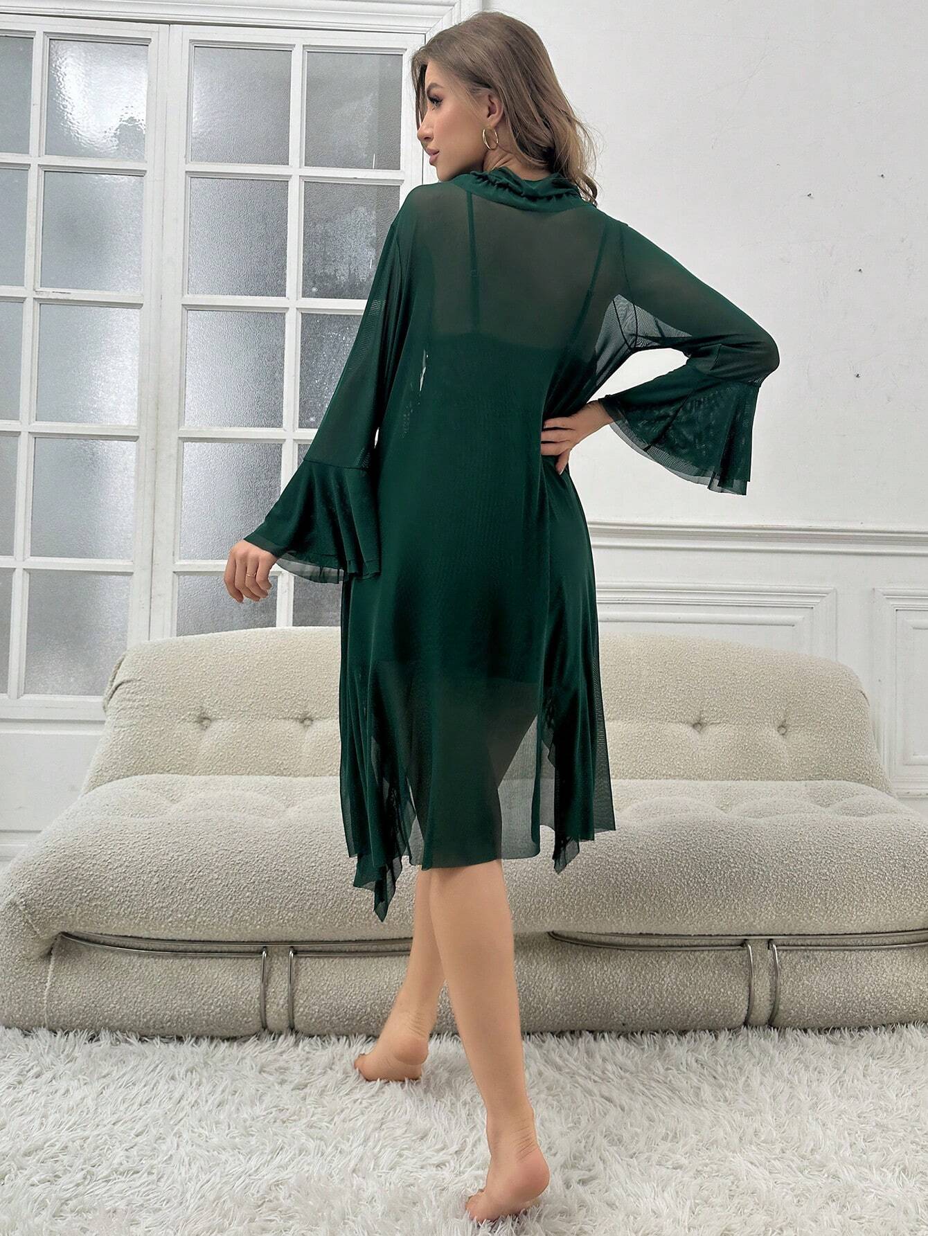 Contrast Lace Flounce Sleeve Mesh Robe &amp; Cami Dress PJ Set