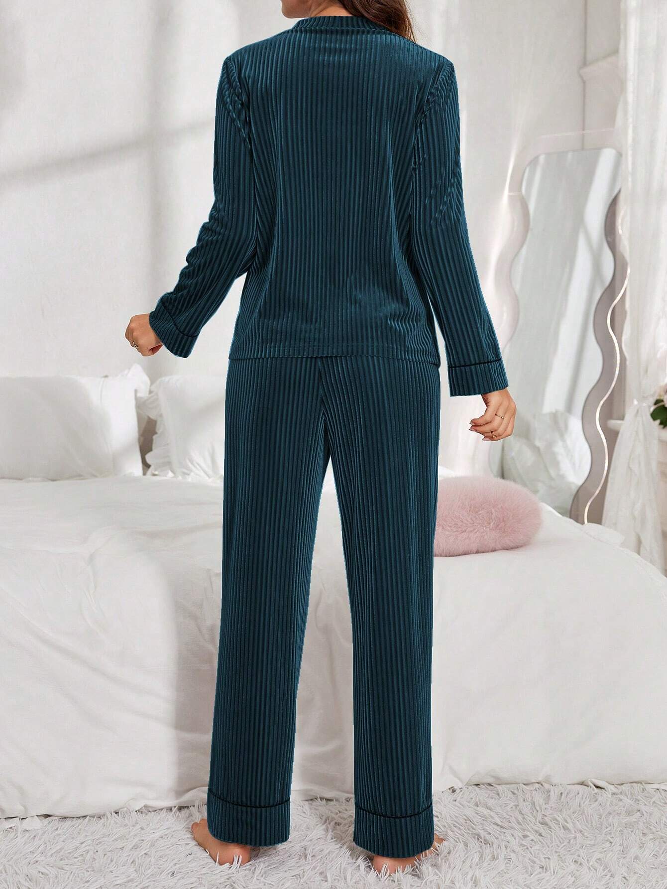 Women Velvet Button-Up Long Sleeve Pajama Set