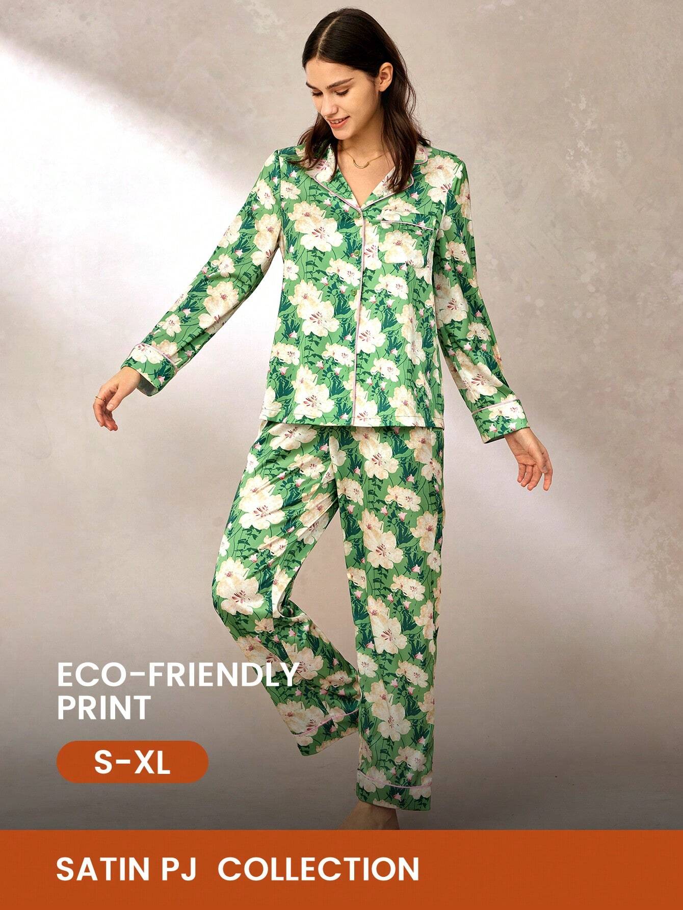 LUVLETTE Floral Pattern Satin Long Pajama Sets