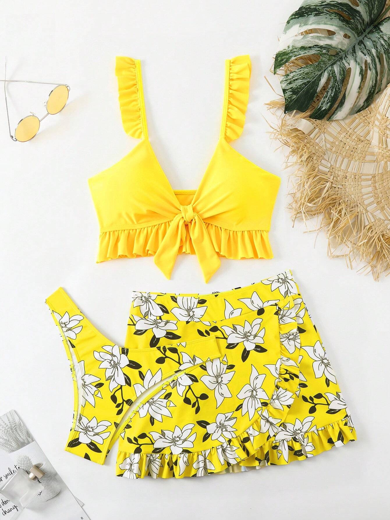 VCAY Summer Beach Floral Print Ruffle Trim Bikini Set With Beach Skirt