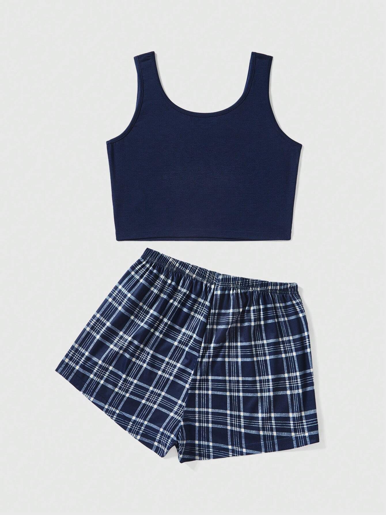 ROMWE Solid Color Sleeveless Top &amp; Plaid Shorts Casual Pajama Set