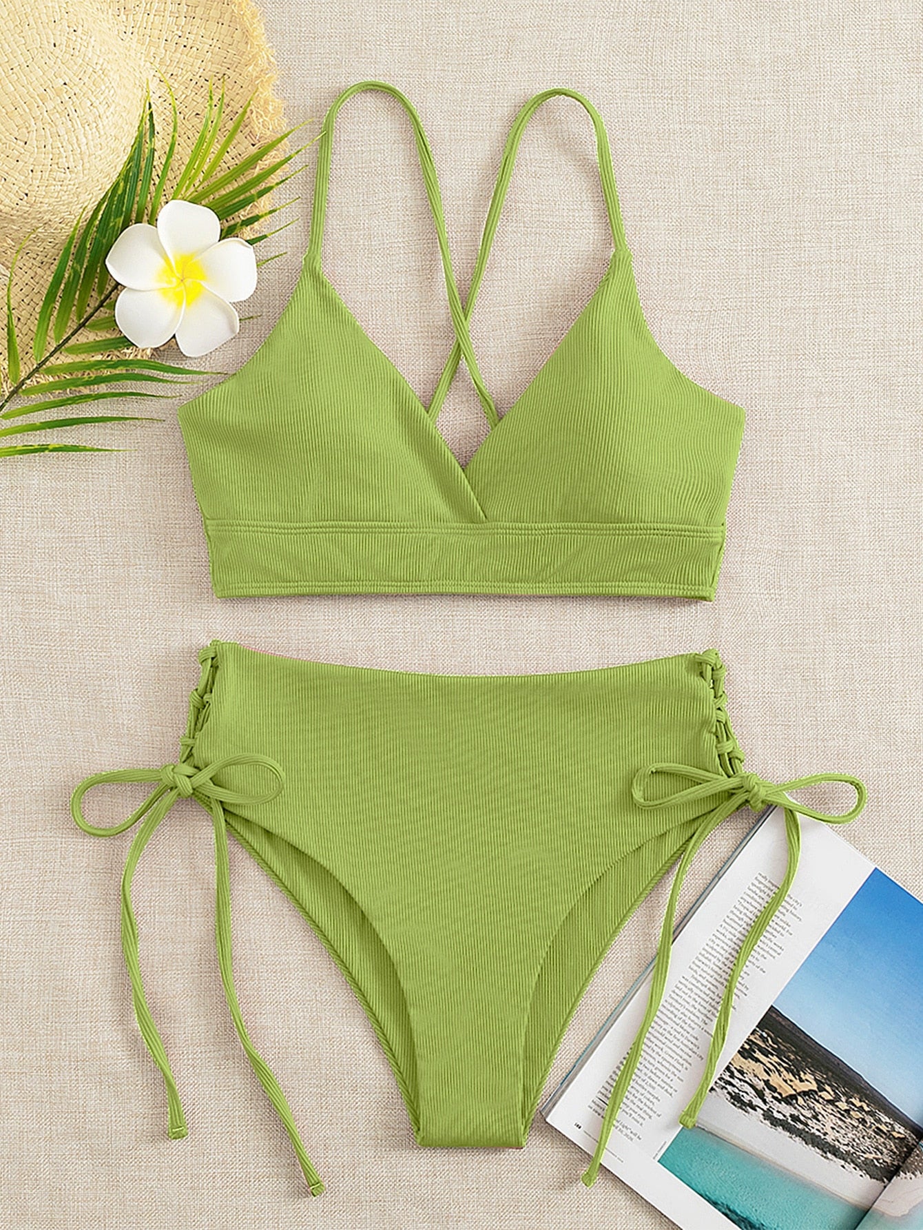 SHEIN Swim Basics Plain Tie Side Bikini Swimsuit XS Lime Green