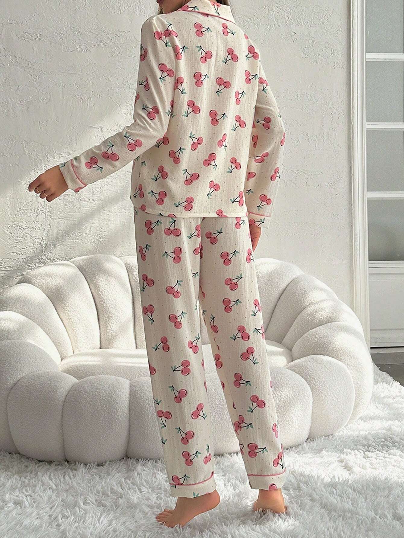 Women's Cherry Print Long Sleeve Long Pants Pajama Set