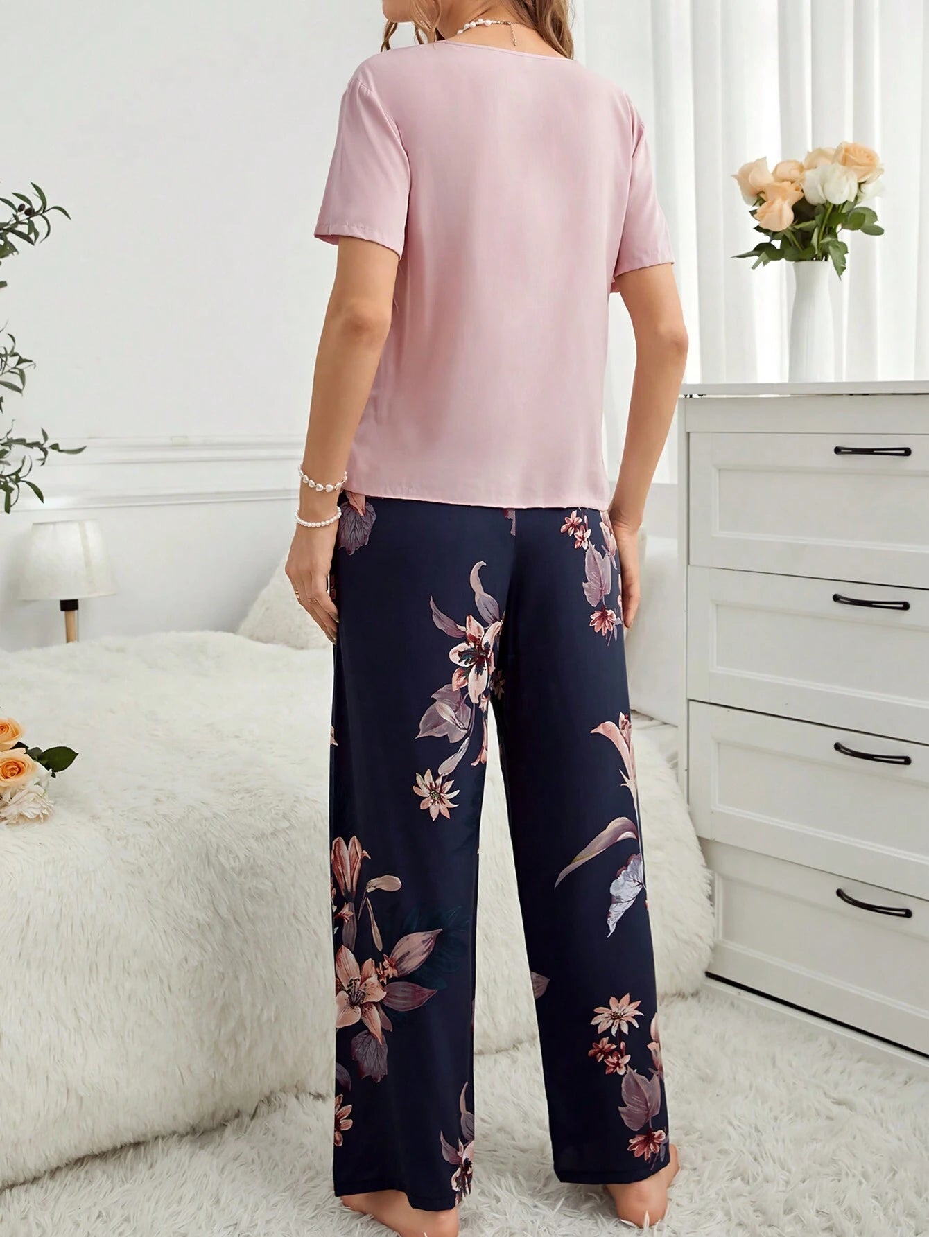 V-Neck Short Sleeve Top And Floral Print Pants Pajama Set