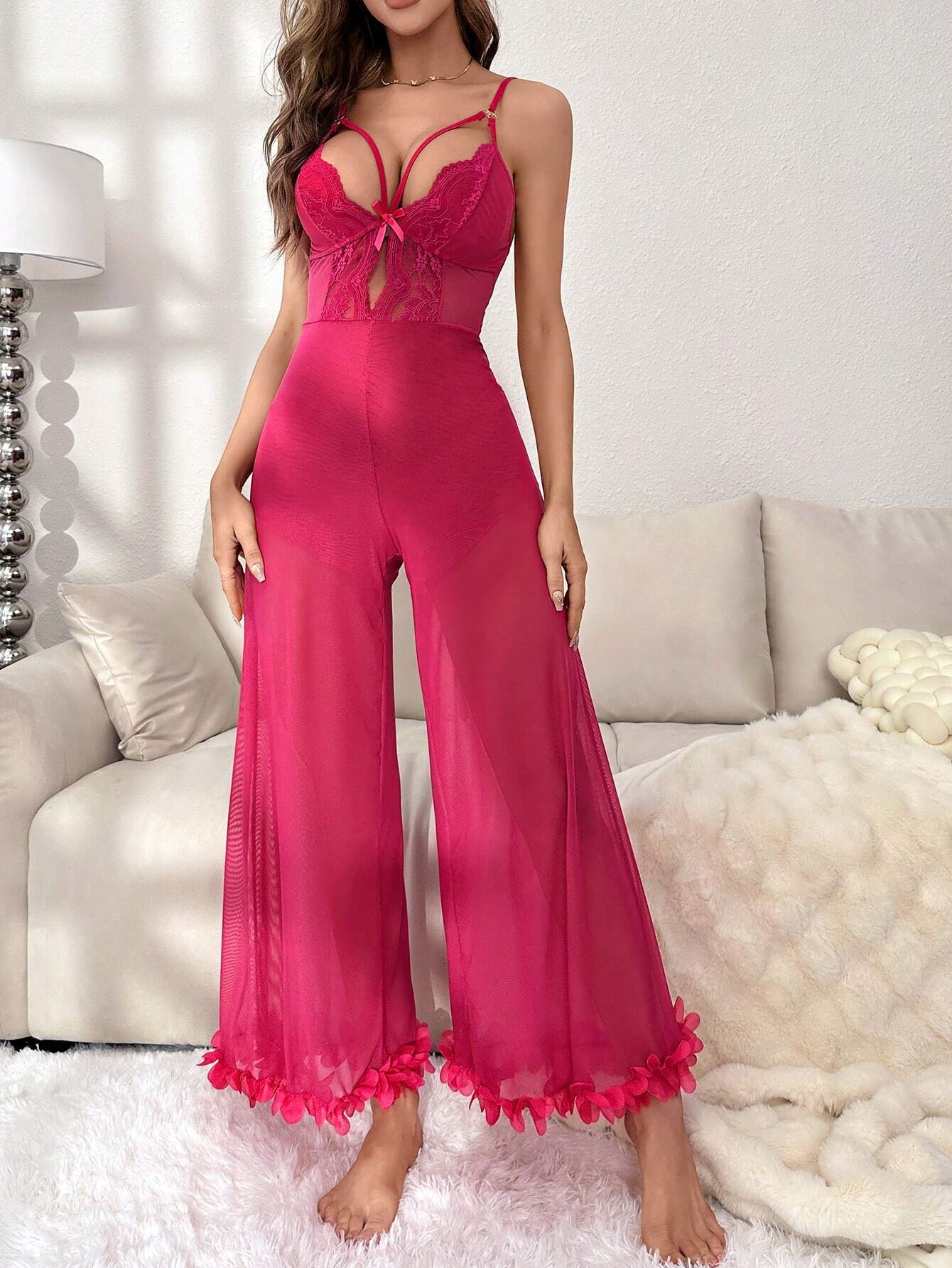 Lace Detailing Hollow Out Mesh Cami Jumpsuit Hot Pink