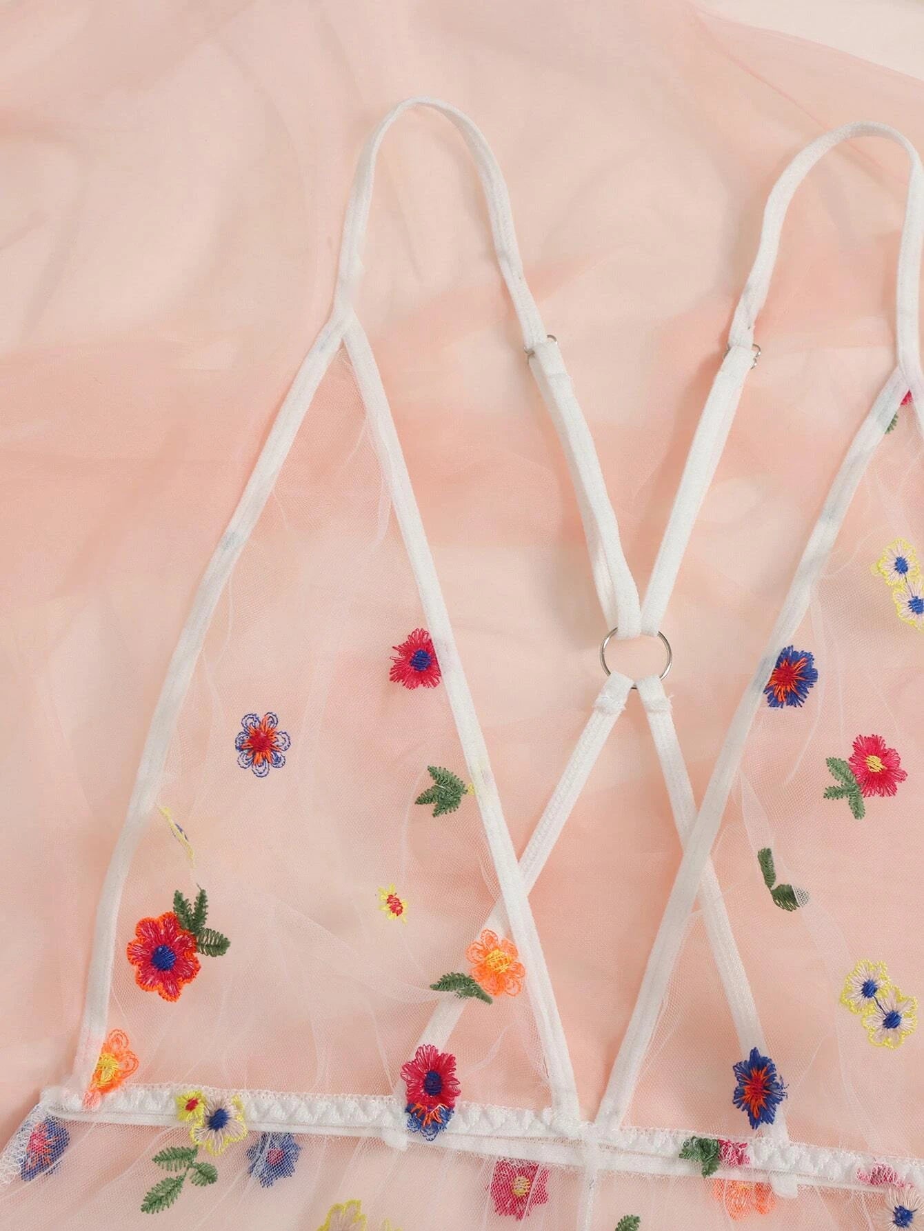 Floral Embroidered Mesh Crisscross Back Teddy Bodysuit