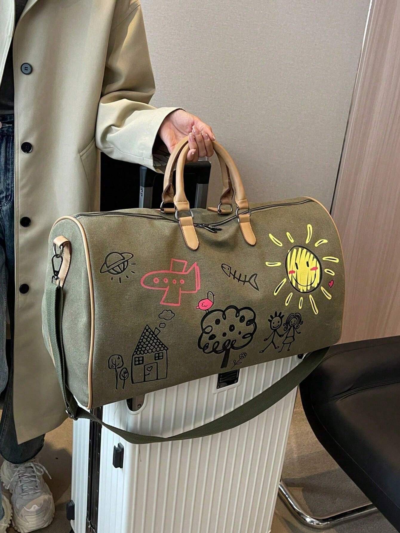 Large Capacity Fashion Printed Luggage Bag, Suitable For Men &amp; Women's Fitness, Travel, Outdoor Sports Storage Bag Army Green