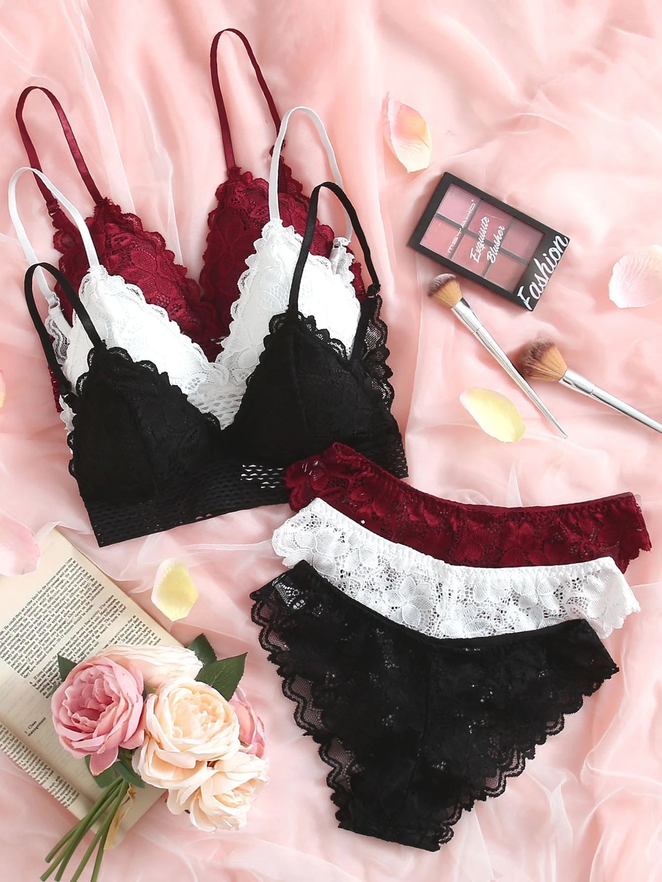 Underwear&amp;Sleepwear Basics 3sets Floral Lace Bra &amp; Panty Lingerie Set