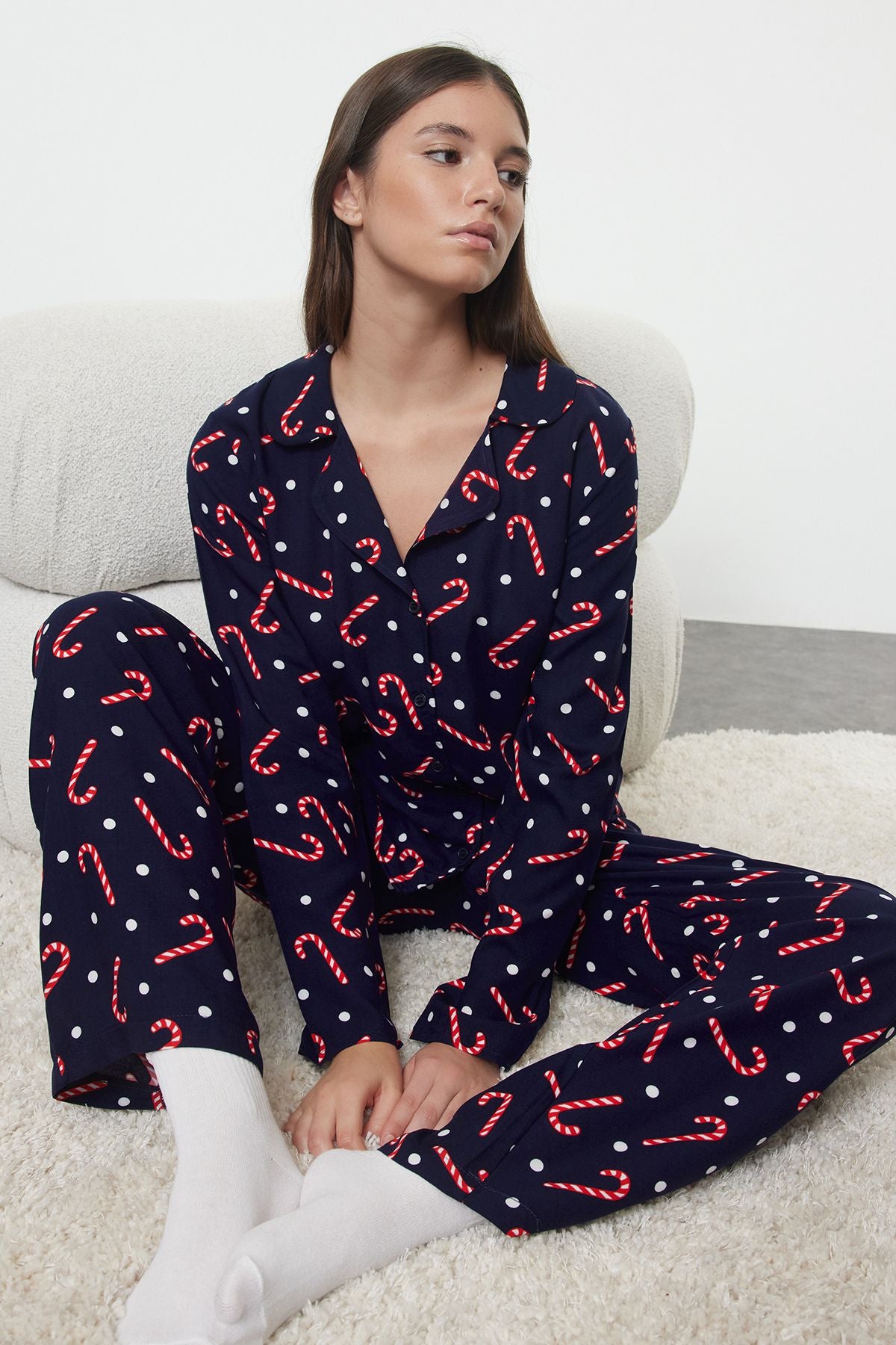 New Year's Themed Navy Viscose Pajamas Set