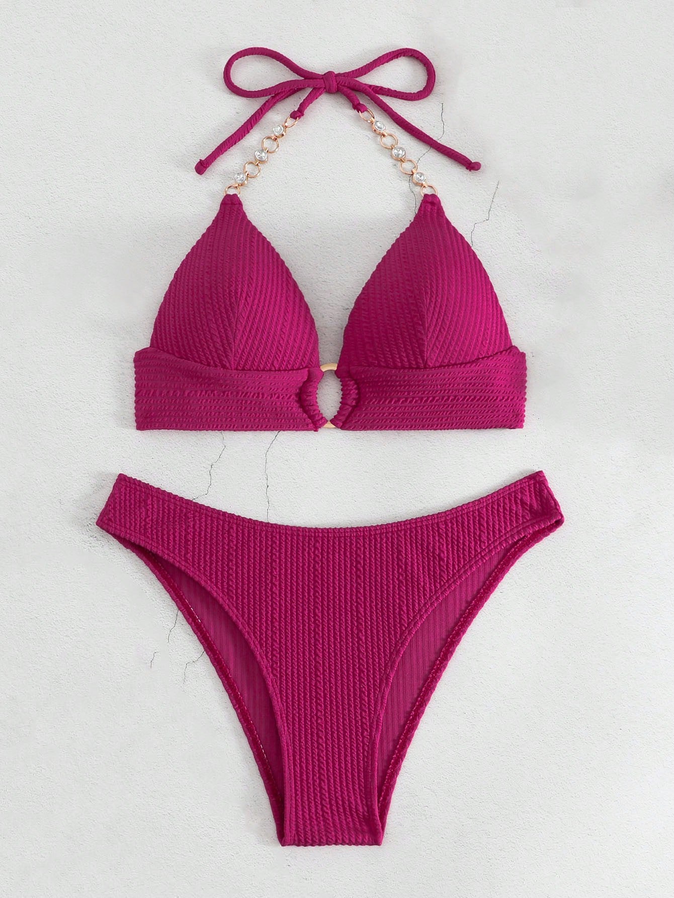 SHEIN Swim SXY Mono Bikini Set Chain Linked Halter Push Up Bra &amp; Bikini 2 Piece Swimsuit