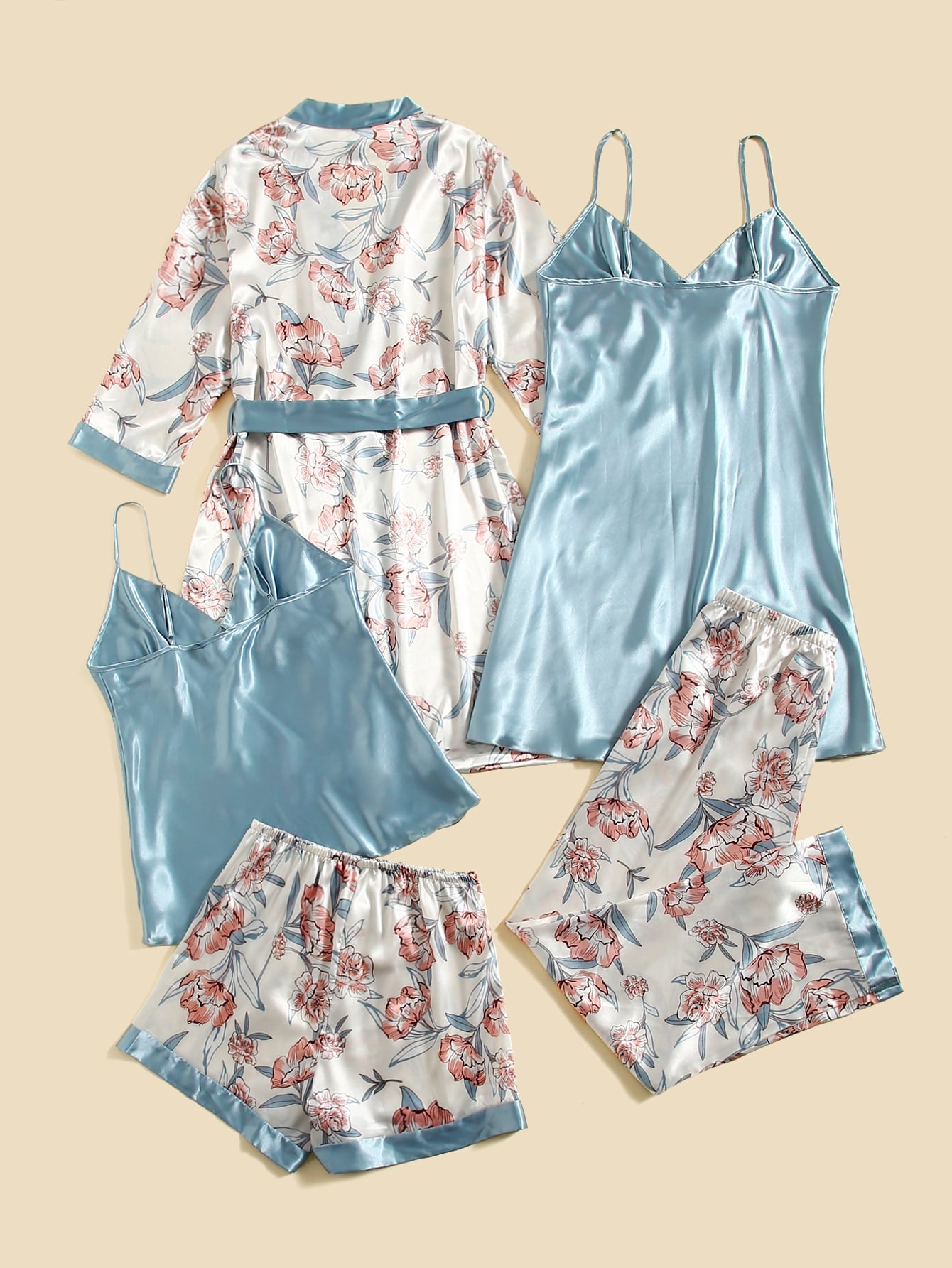 5pcs Floral Print Belted Satin Robe &amp; Cami Top &amp; Night Dress &amp; Pants &amp; Shorts