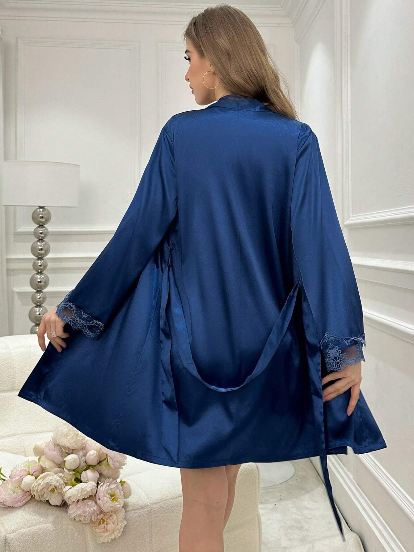 Lace Trimmed Cami Slip Dress And Robe Pajama Set