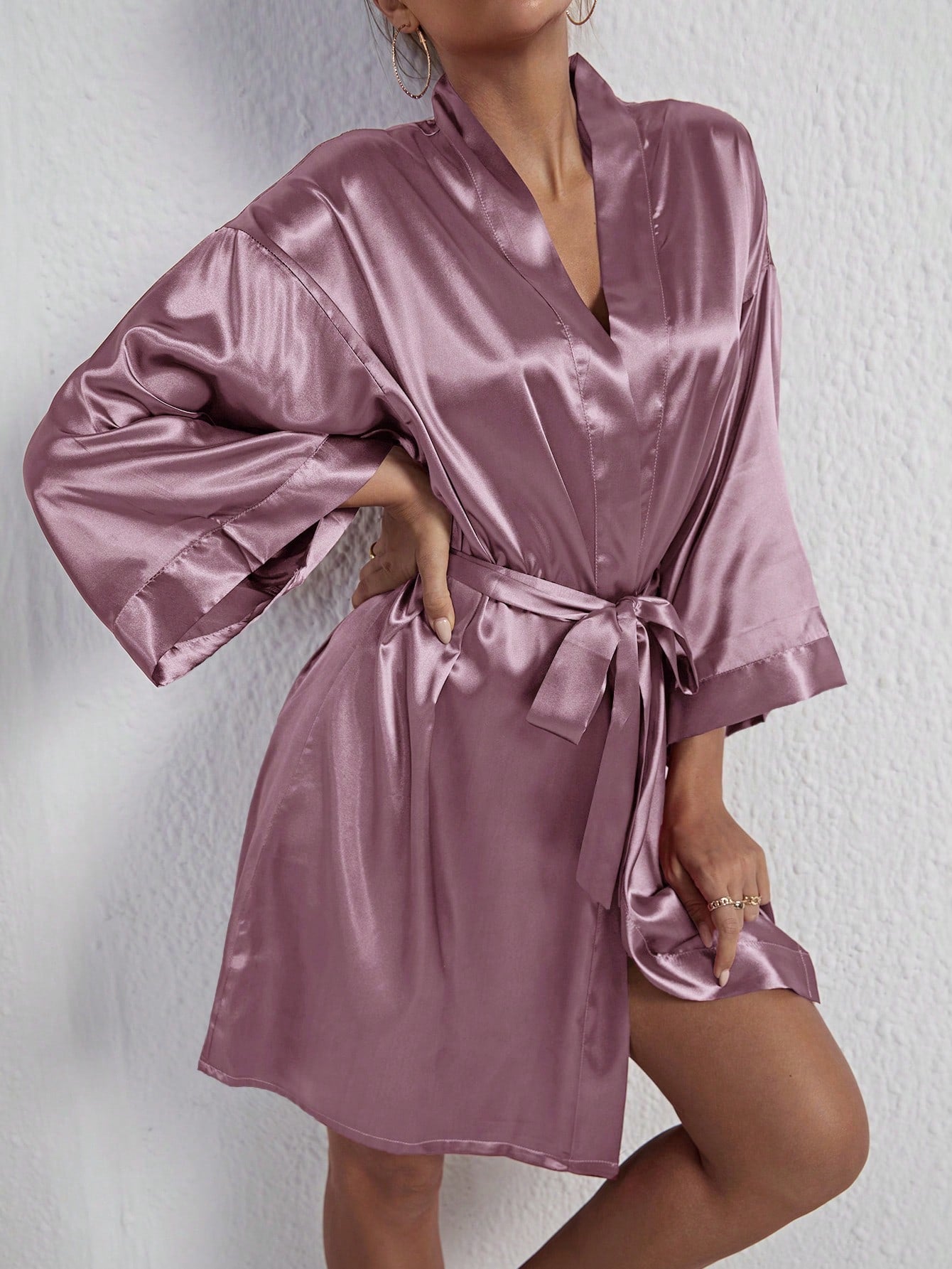 Lip Print Belted Satin Robe
